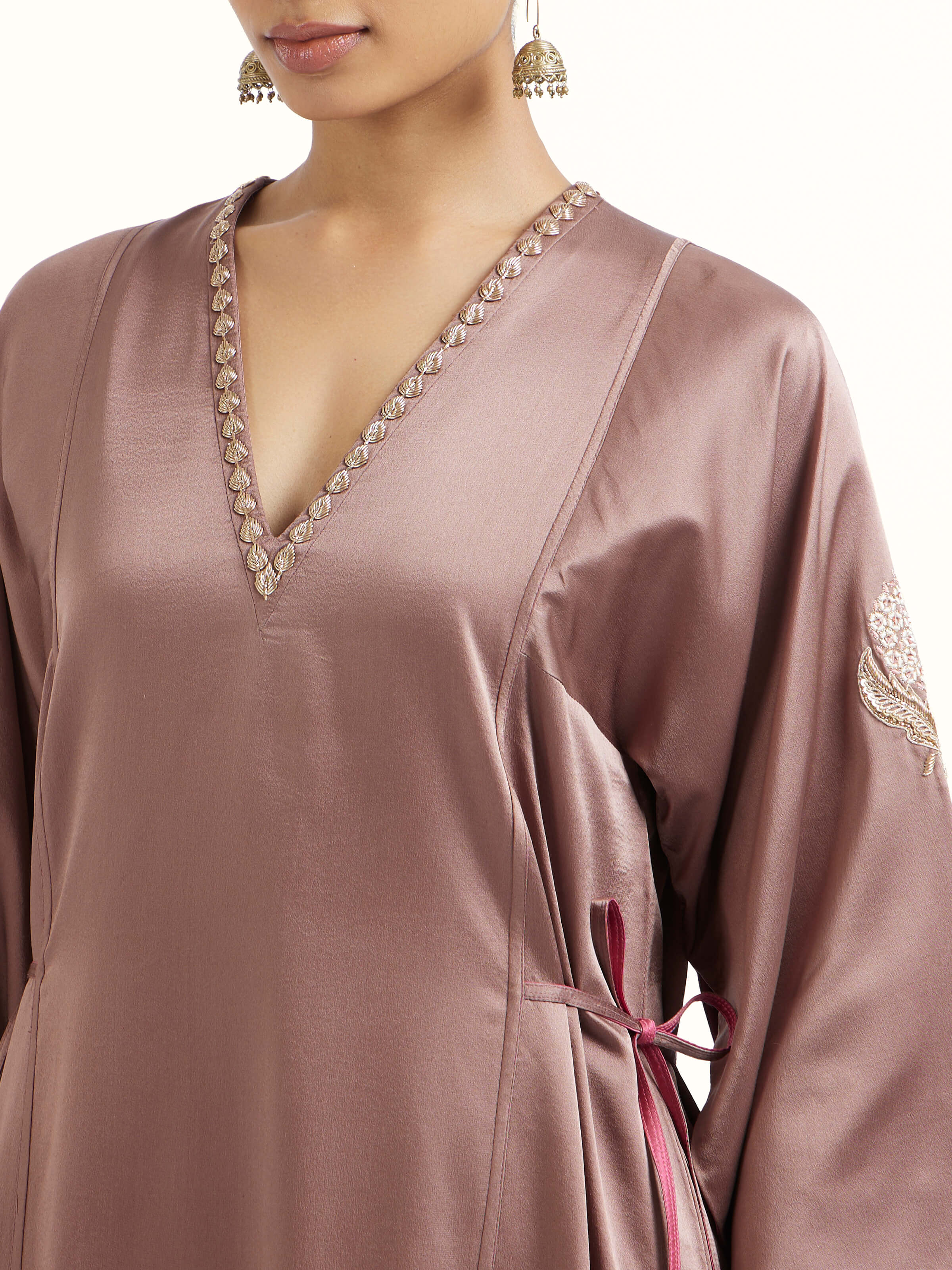 Detail view of brown silk Banarasi co-ord set highlighting fabric and zari work