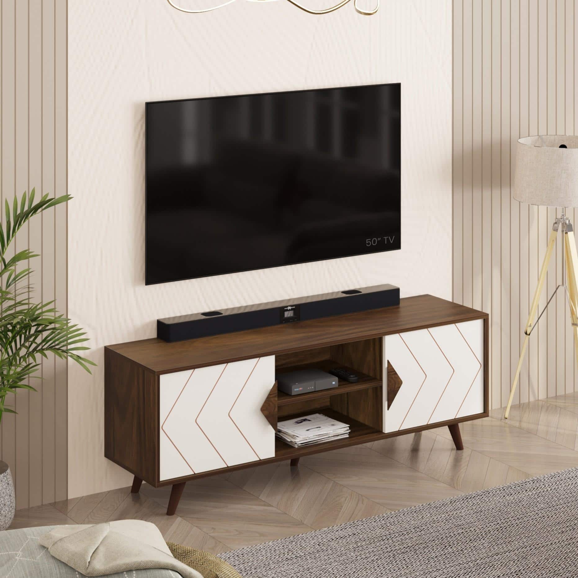 Wilbrome Mini Engineering Wood Floor Standing Tv Entertainment In Brown Maple & White Finish