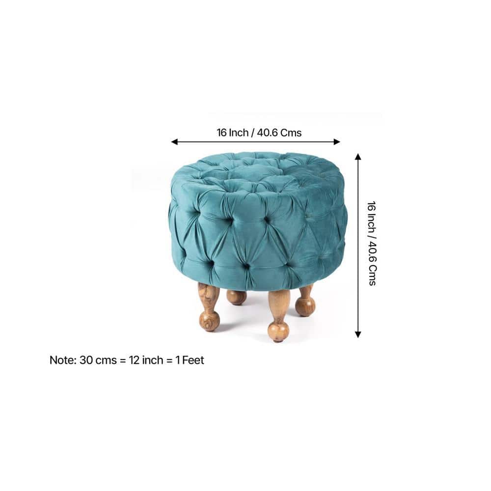 Louisville Acacia Wood Accent Round Set of 2 Pouf Stools in Turquoise