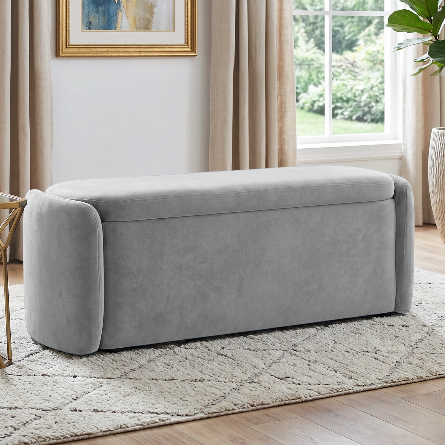Risibol   Velvet 2 Seater Ottoman Bench with Storage in Grey  Color - Home Lifestylez