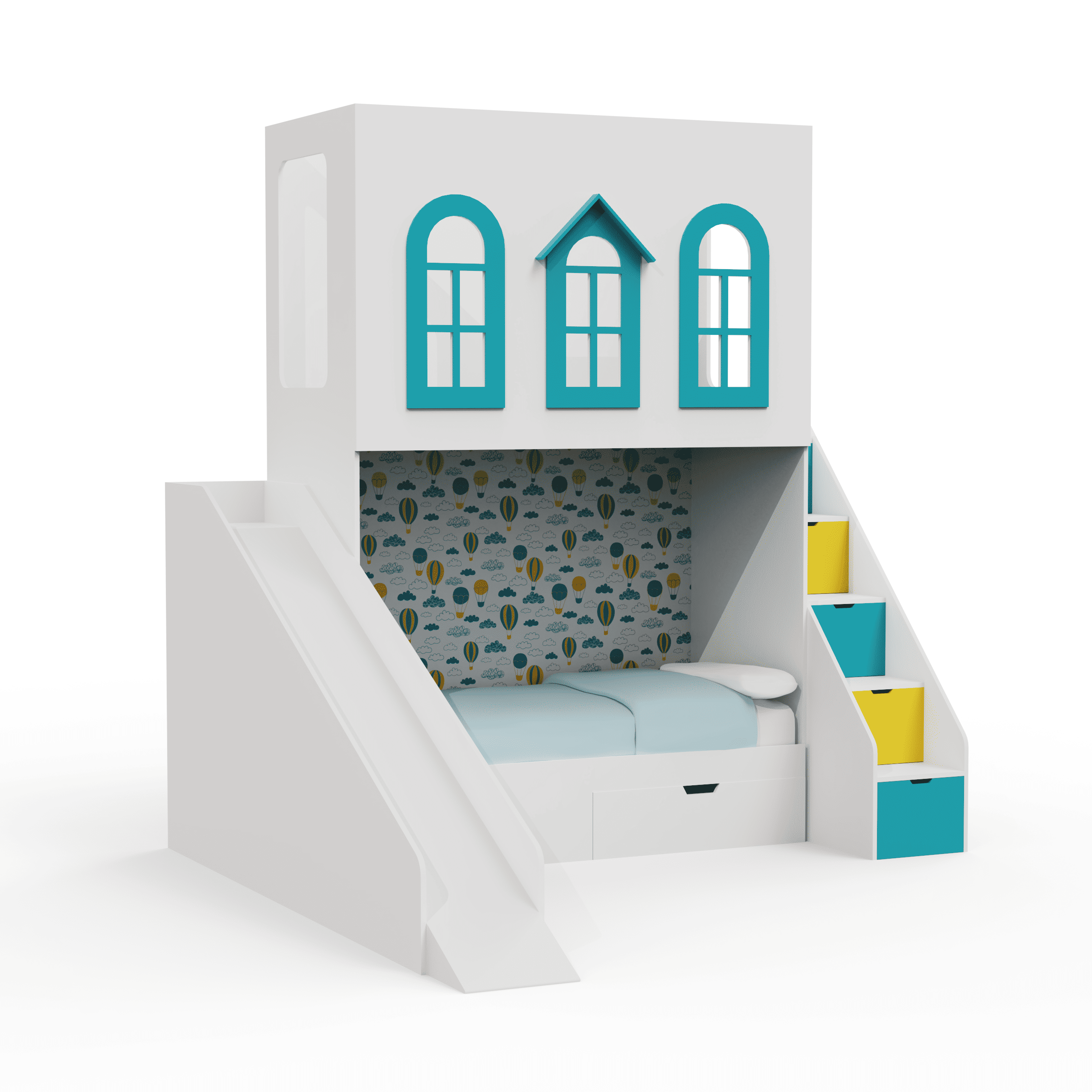 Castle Play House Bunk Bed With Slide 6X4 (Manual Box Storage) In White Colour