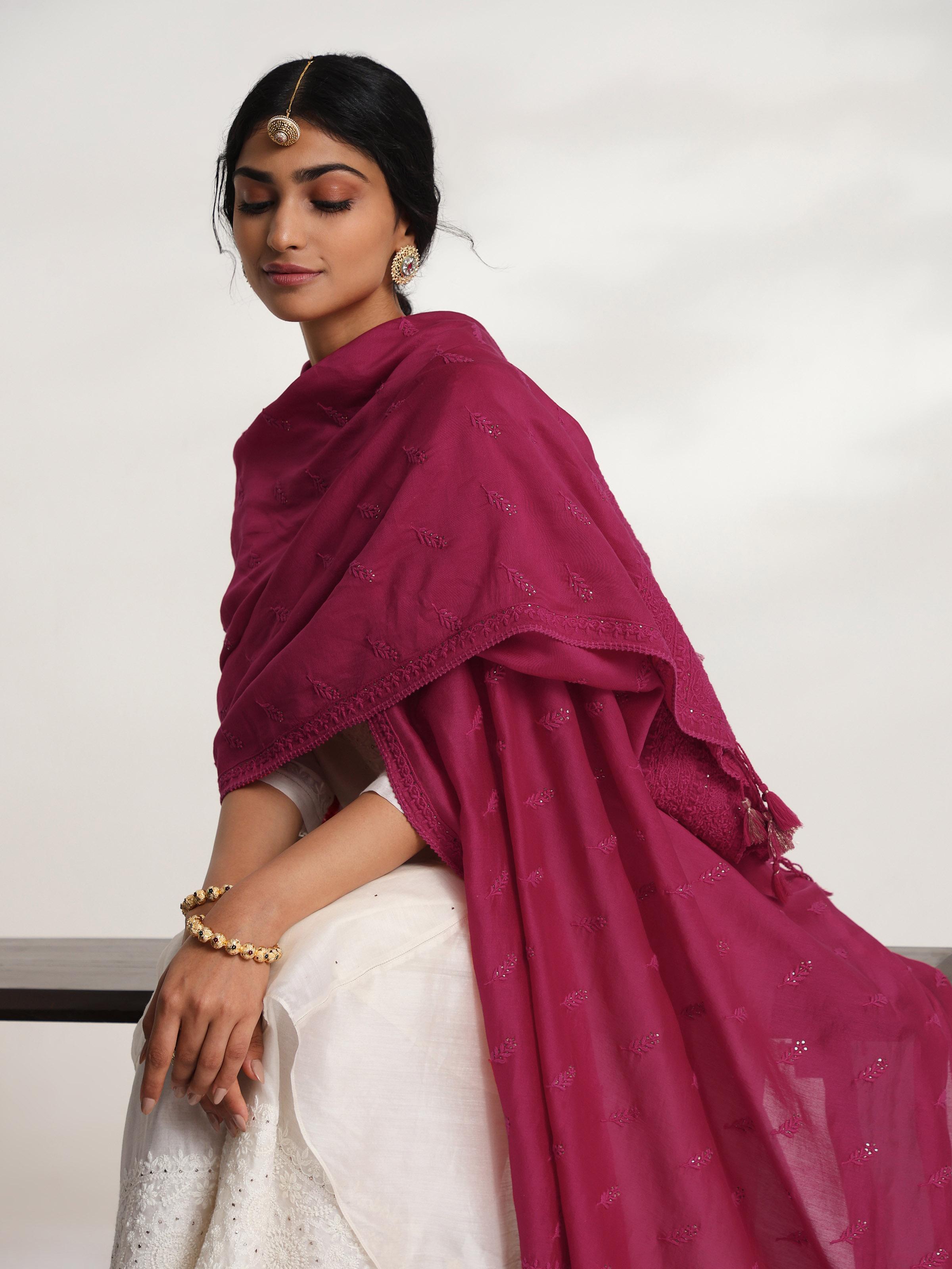 Fuschia Chikankari Handwoven Dupatta