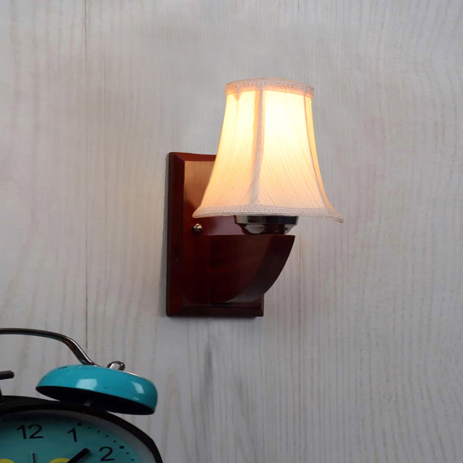 Devansh Wood Wall Mounted Lamp With Off-White Cotton Shade - Devansh