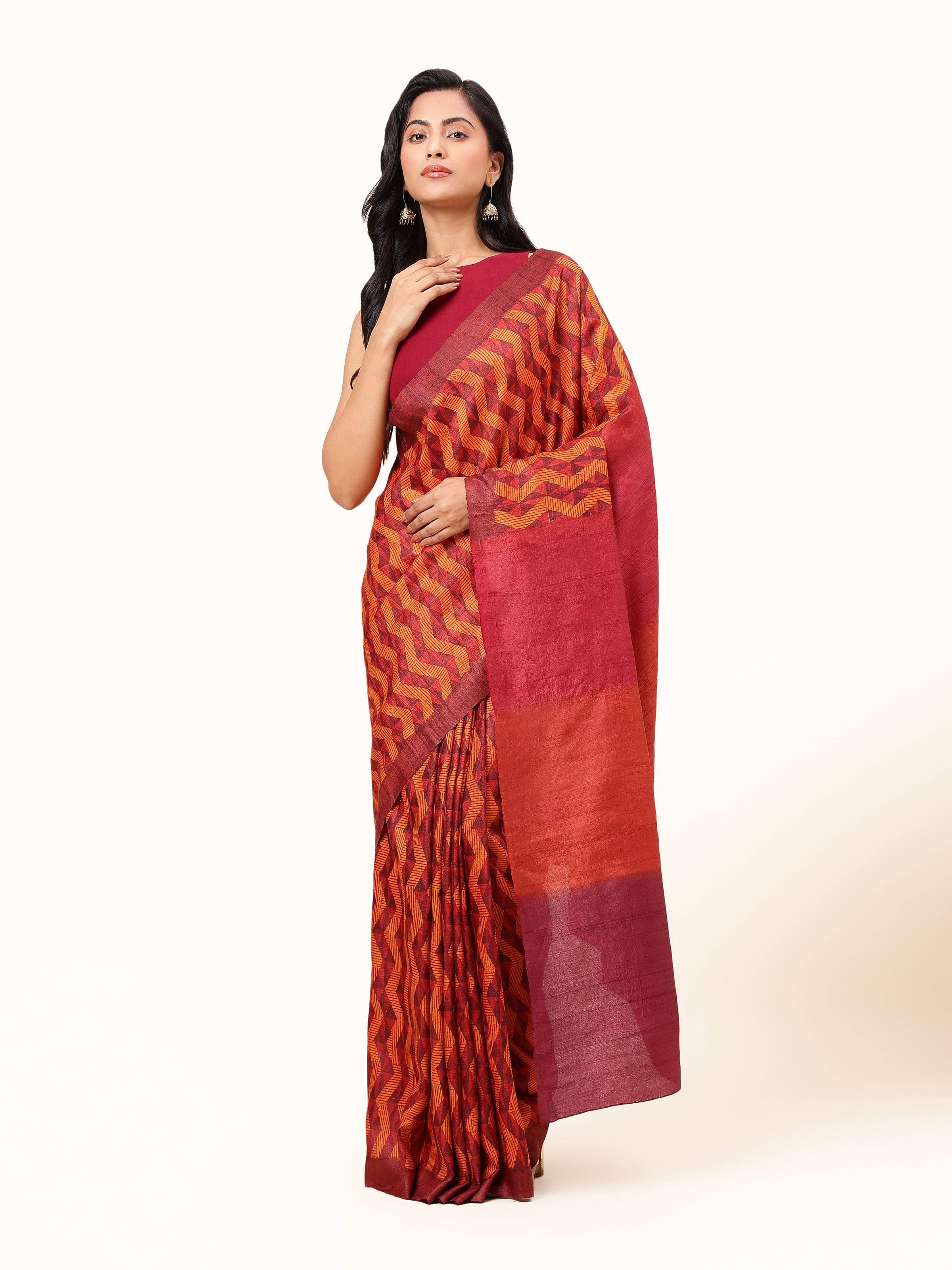 Rust Tussar Silk Discharge Block Printed Saree