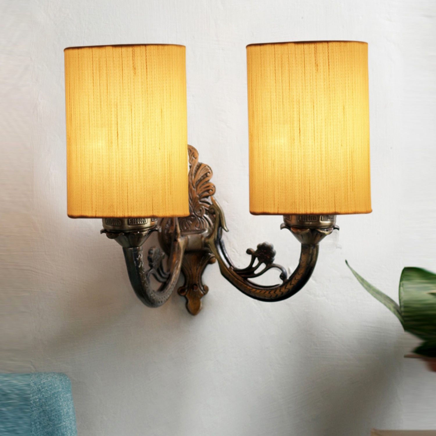 Devansh Metal Electric Wall Light in Antique Gold Colour with off-white Shade Count of 2 Lights - Devansh