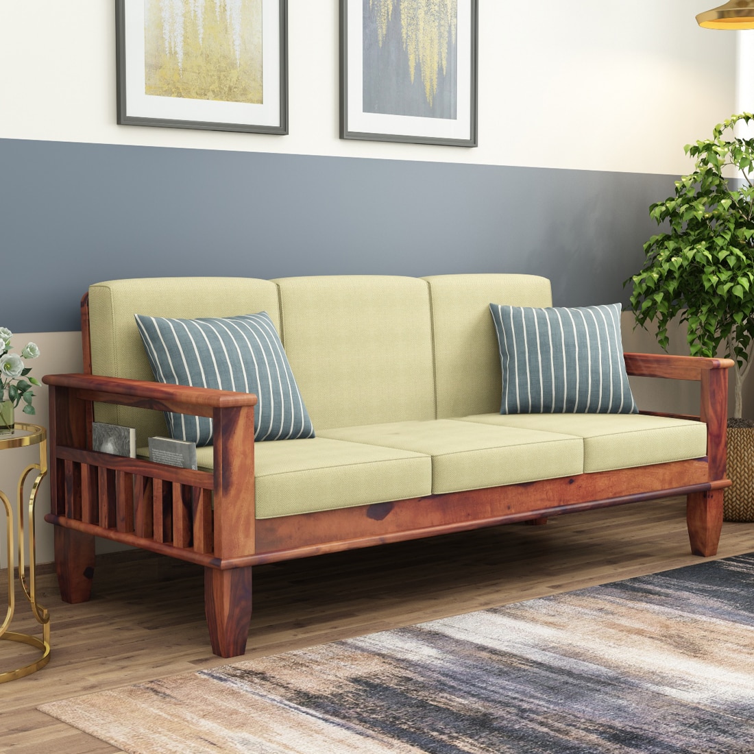 Madhavi 3 Seater Wooden Sofa (Creame Colour, Teak Finish)