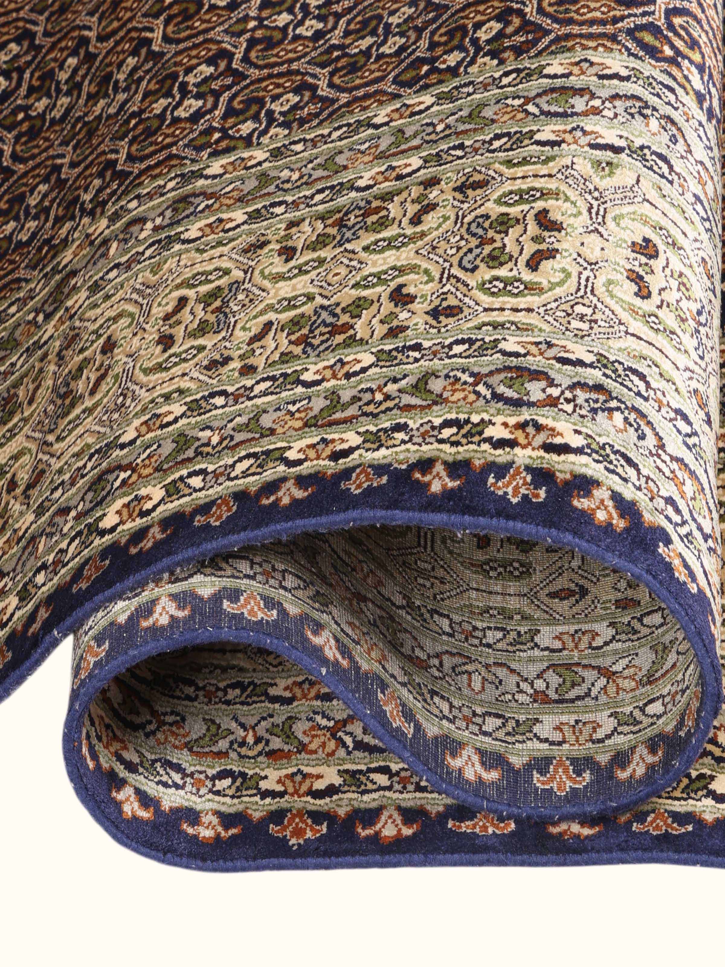 Traditional Persian Navy Ivory Senneh Kashmir Silk Hand-Knotted Carpet