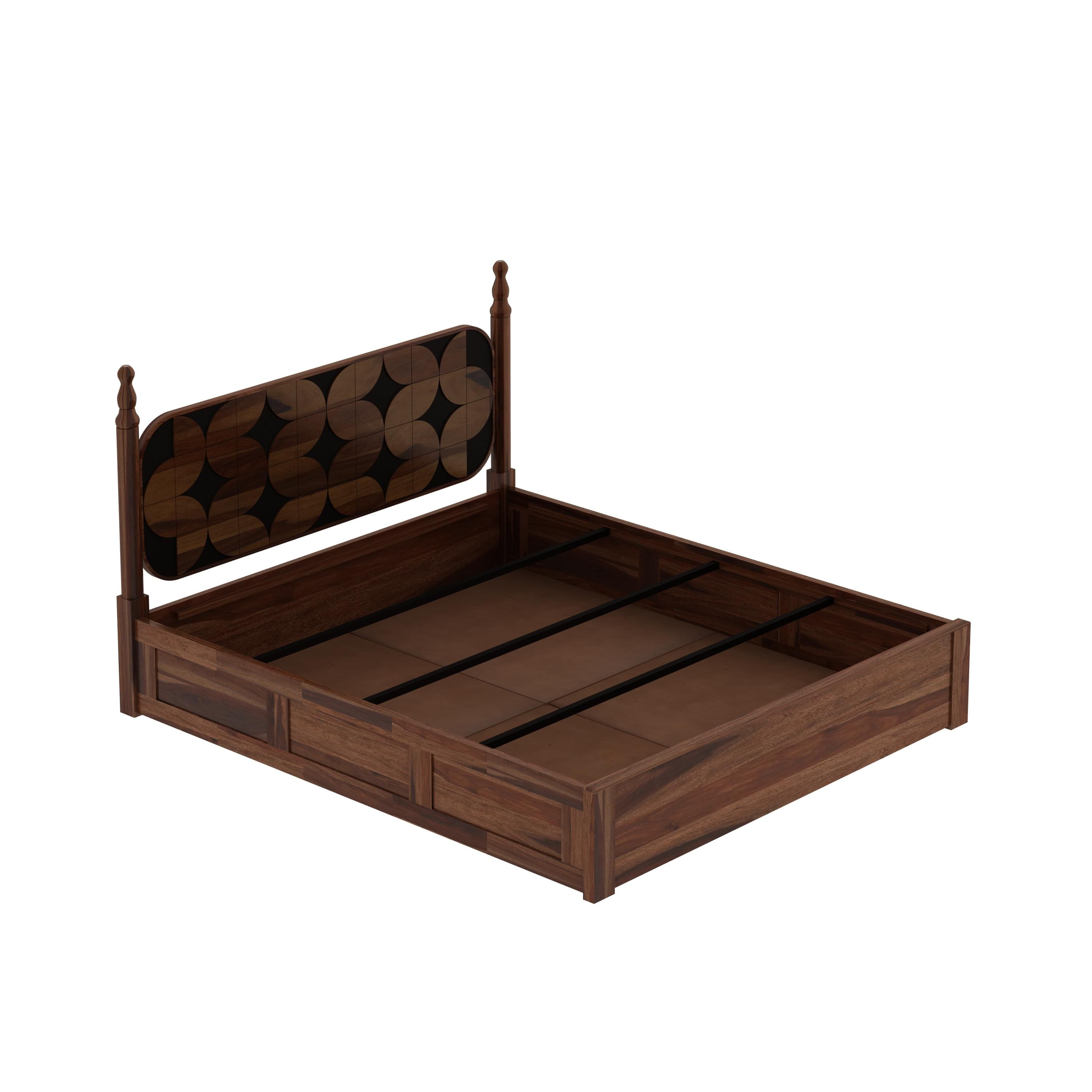 Rustic Sheesham Wood Queen Size Bed With Box Storage In Provincial Teak Finish