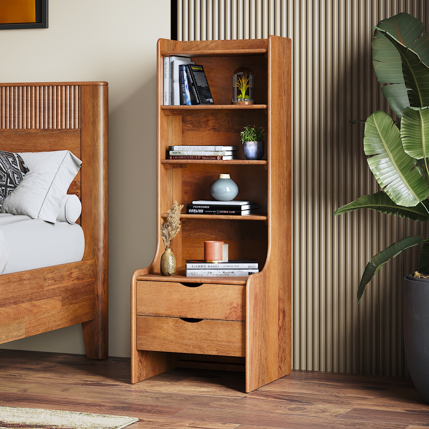 Cove Solid Wood Tall Bedside Table in Amber Walnut Finish