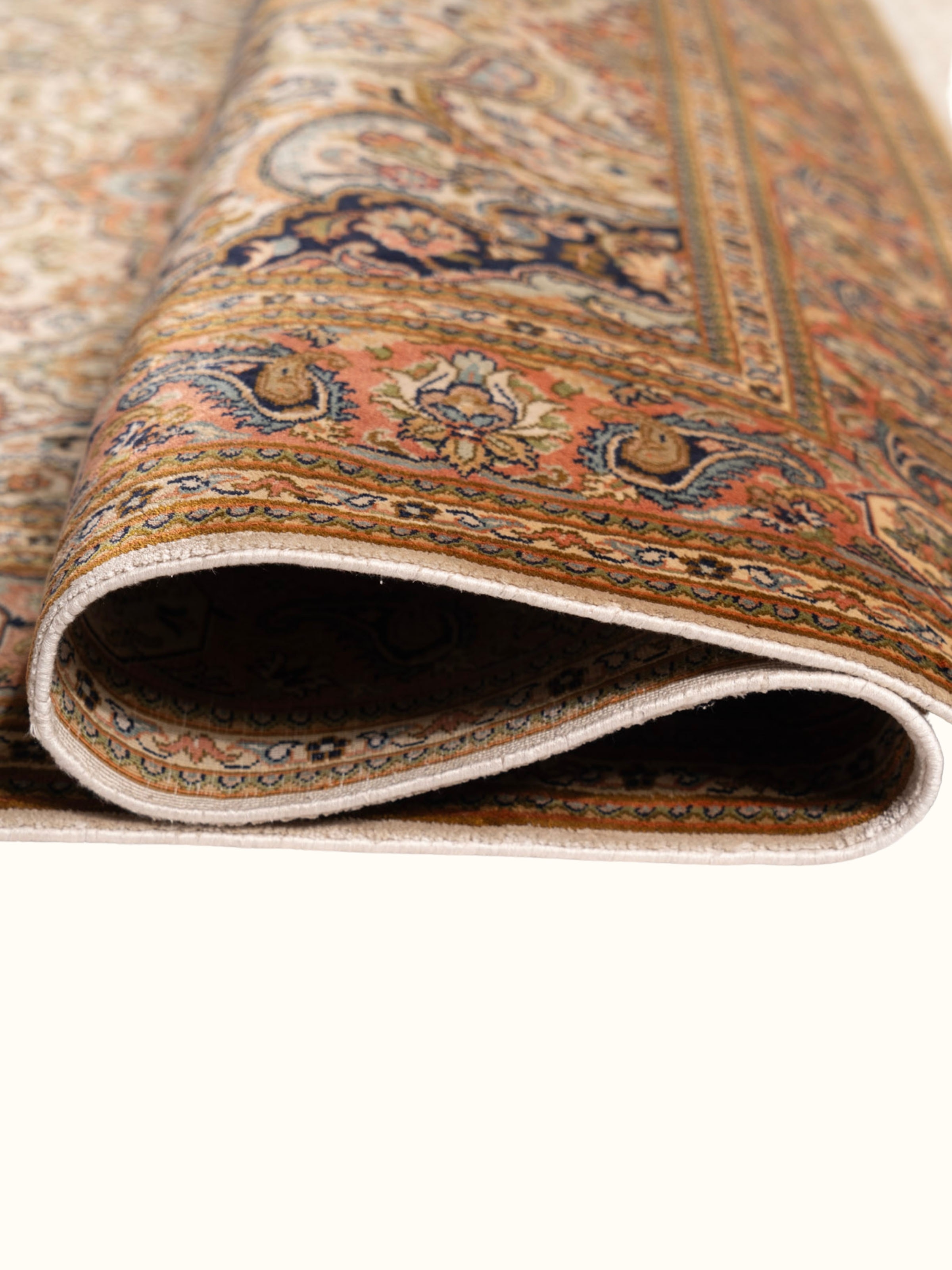 Traditional Persian Ivory Tabriz Kashmir Silk Hand-Knotted Carpet