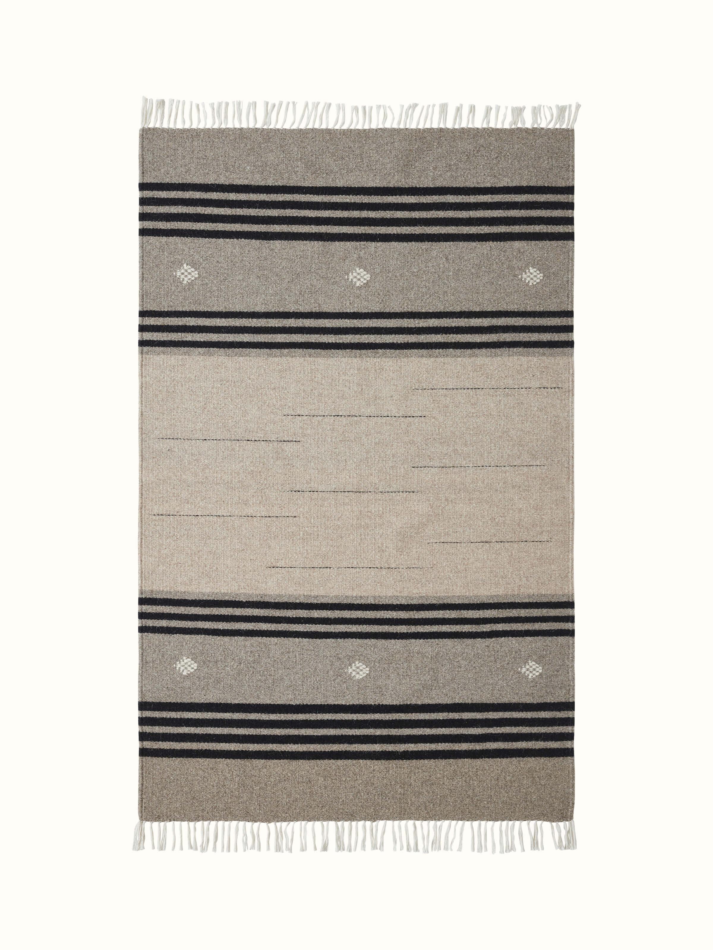 Full view of Nomad stripes beige black Jawaja wool & cotton handloom dhurrie (3x5 ft) showcasing its striped pattern and size