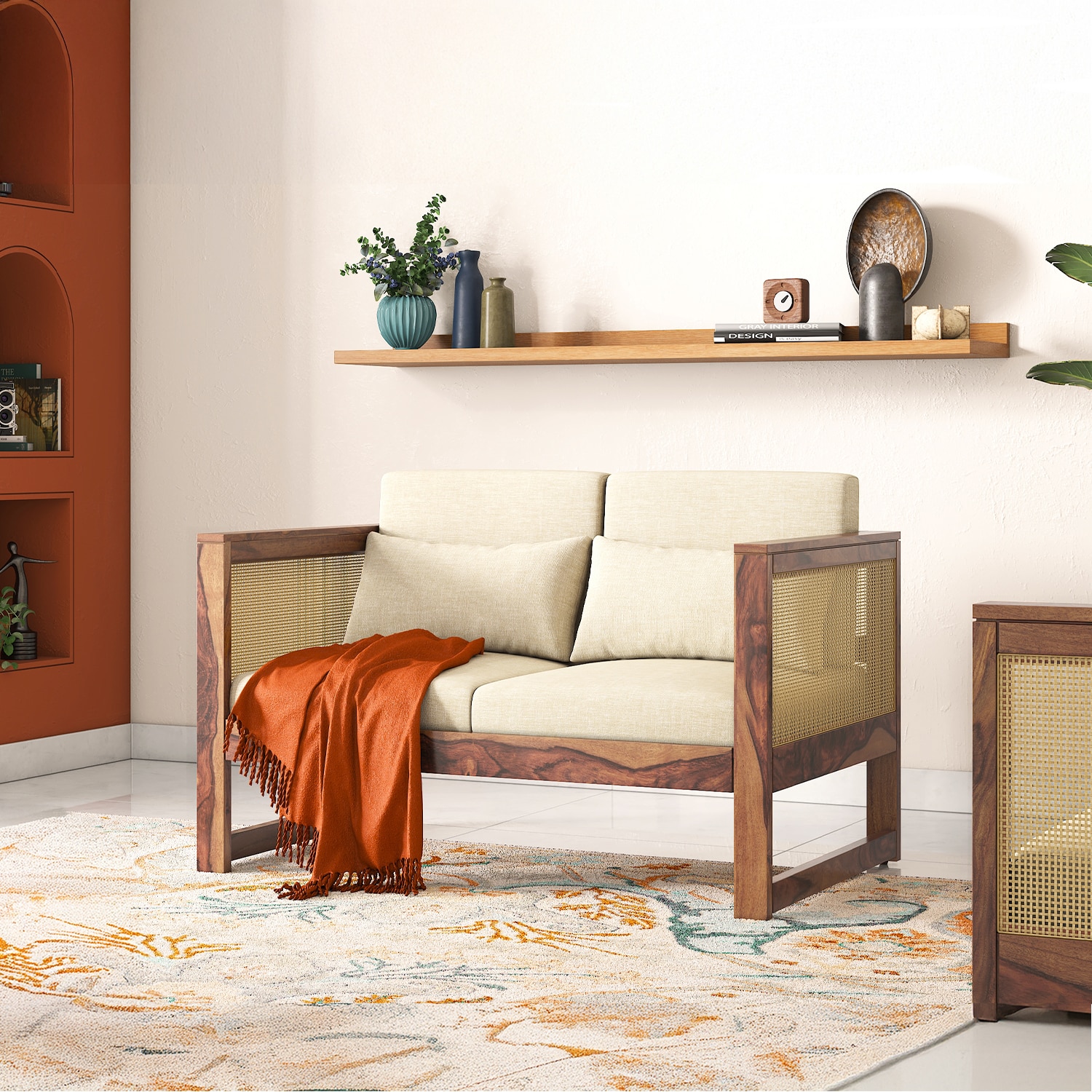 Korai Plus Two seater sofa -Finish -Teak,Fabric - Macadamia Brown Hopsack weave