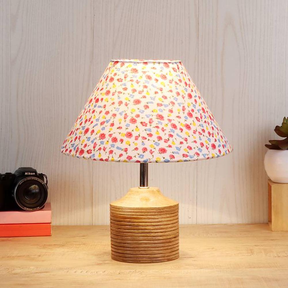 Laura Multicolour Fabric Shade Table Lamp with Natural Wooden Base - Devansh