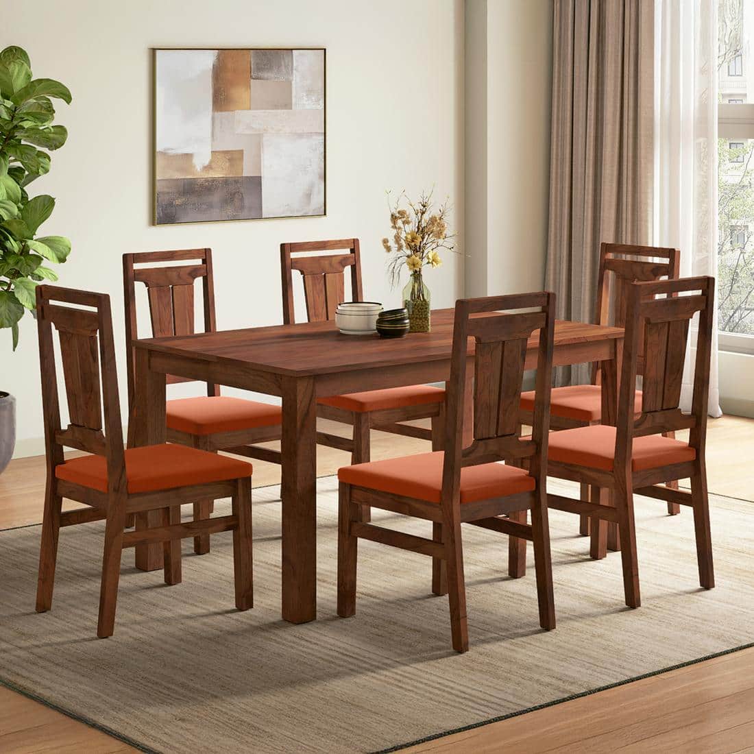 Arlo Teak Wood 6 Seater Dining Table Finish - Teak with Tessa Dining Chairs Set