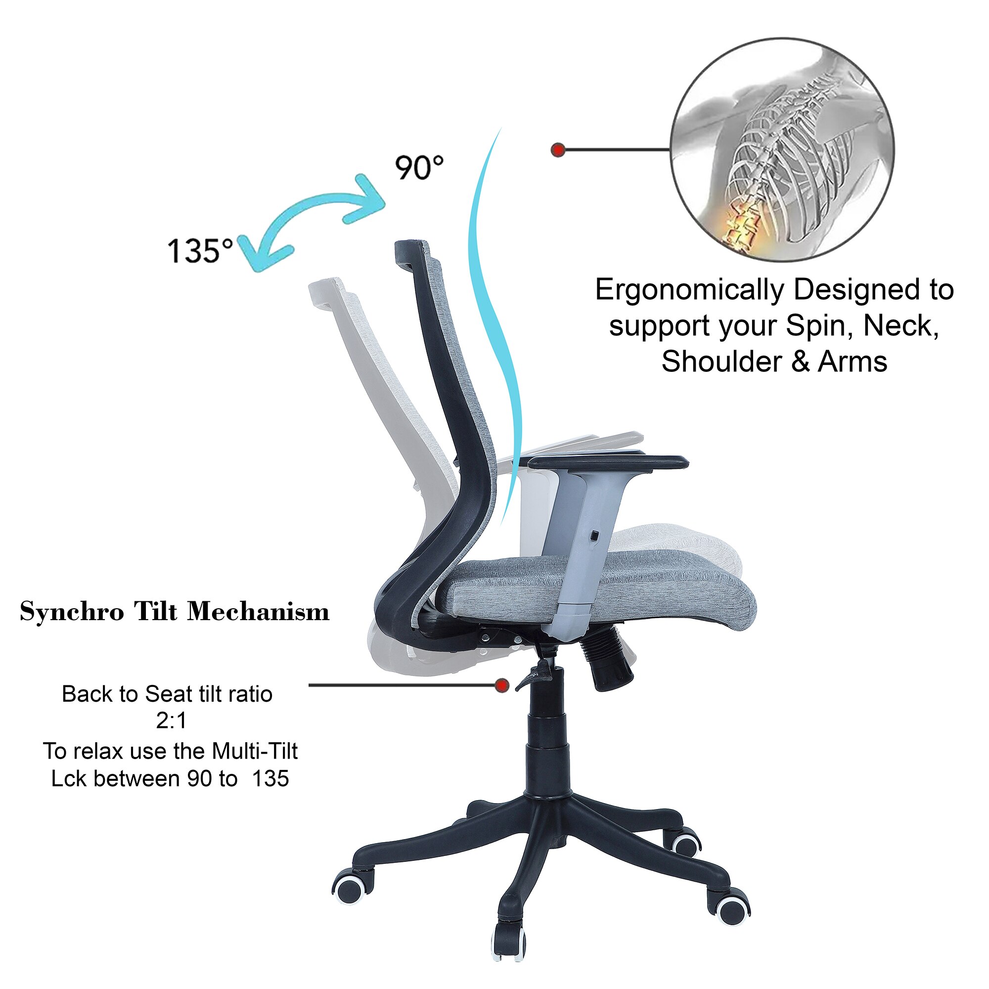 Rocknew York Mid Back Ergonomic Chair in Grey Colour