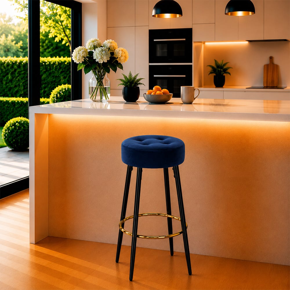 Doe Buck Tufted Counter Height Bar Stool in Blue Colour with Gold Footrest - Doe Buck