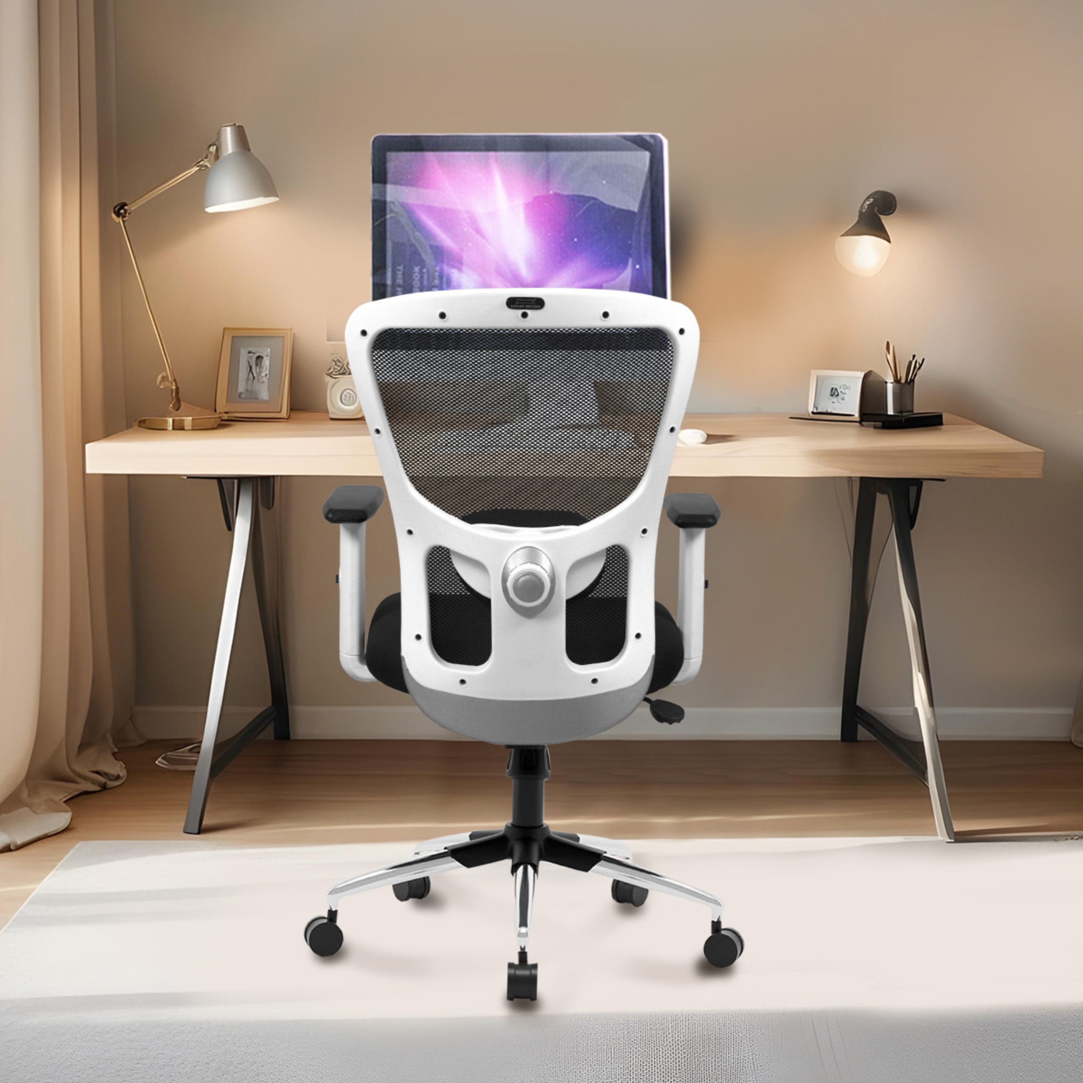 Kepler Brooks Mid Back Office Chair | 2 Years Warranty | Chair for Office Work at Home, Ergonomic Chair, Diwali Gifts, 2D Adjustable Arms, Headrest & Lumbar Support, Multi Synchro Lock (Zeus, White)