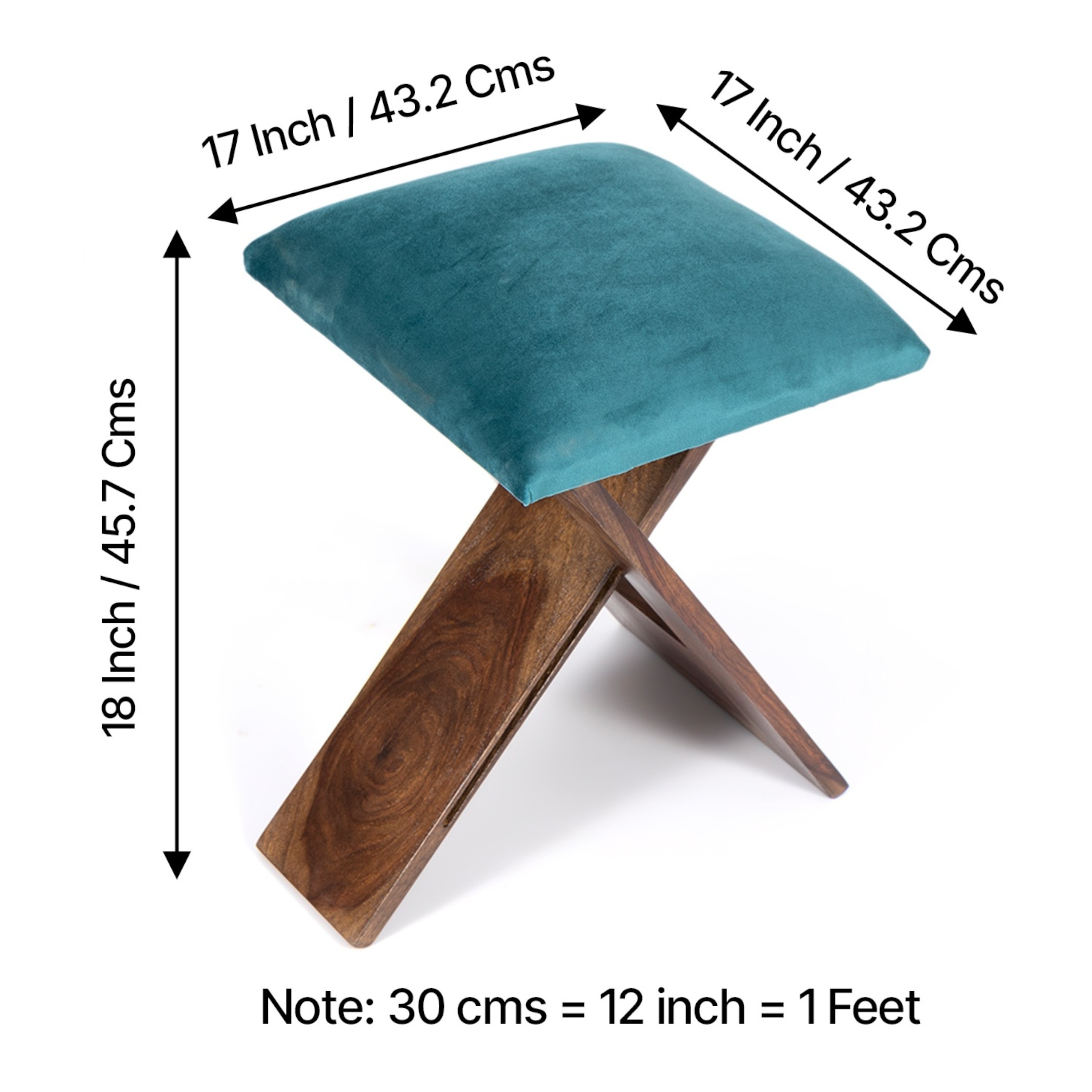 Dayton Sheesham Wood Accent Square Set of 2   Stools in Turquoise Sea Velvet Upholstery