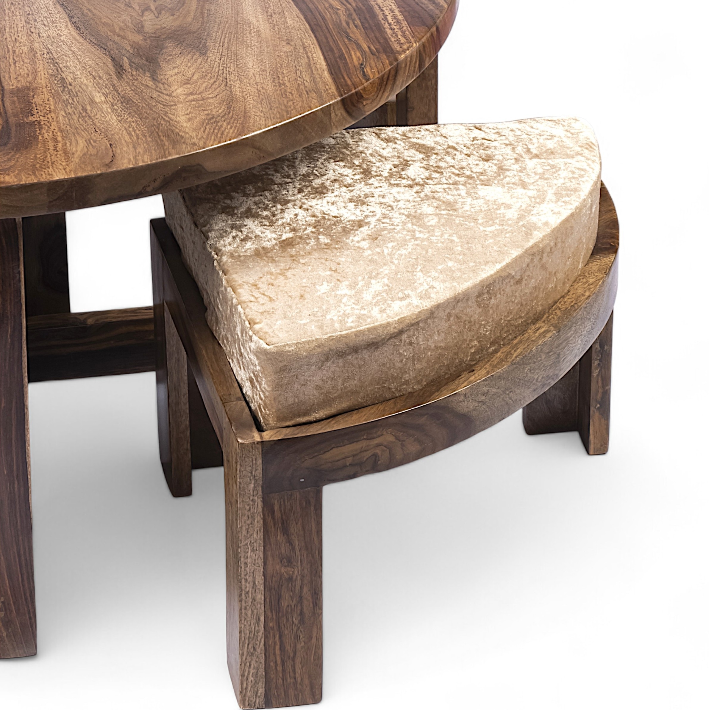 Nashville Sheesham Wood 4 Seater Coffee Table Set In Teak Finish Ivory Sparkle Velvet Cushion