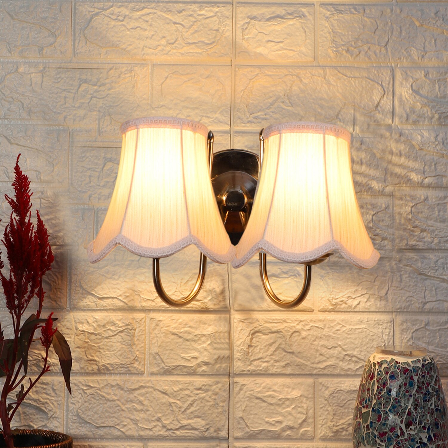 Devansh Dual Steel Metal  Wallmounted Lamp With Cotton Off-White Shade