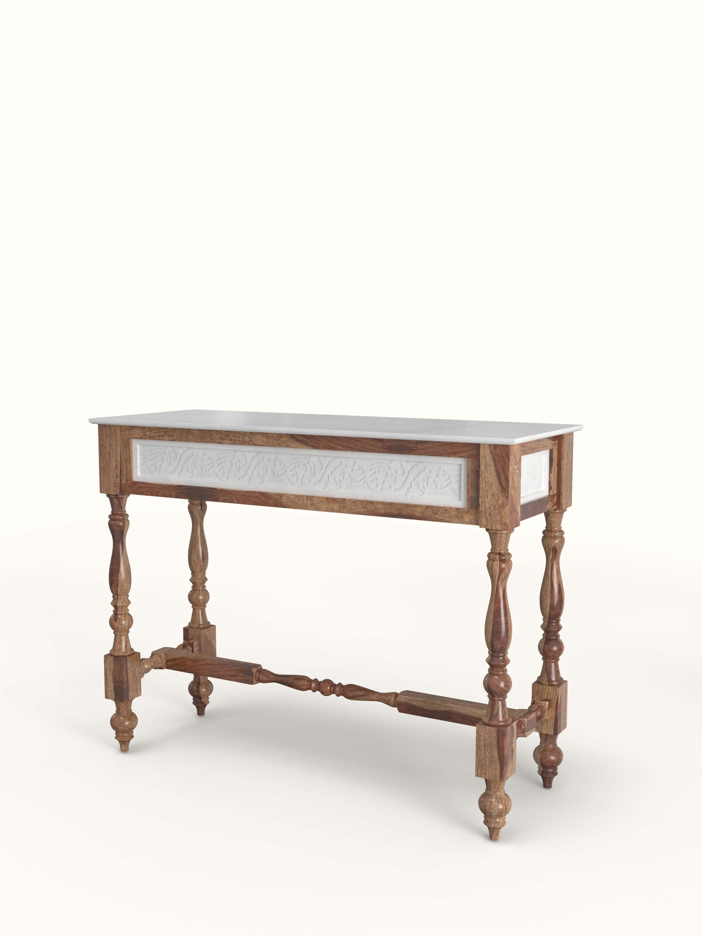 Side view of the beige and brown chevron fabric dining chair, highlighting the Sheesham wood frame and intricate bone inlay details