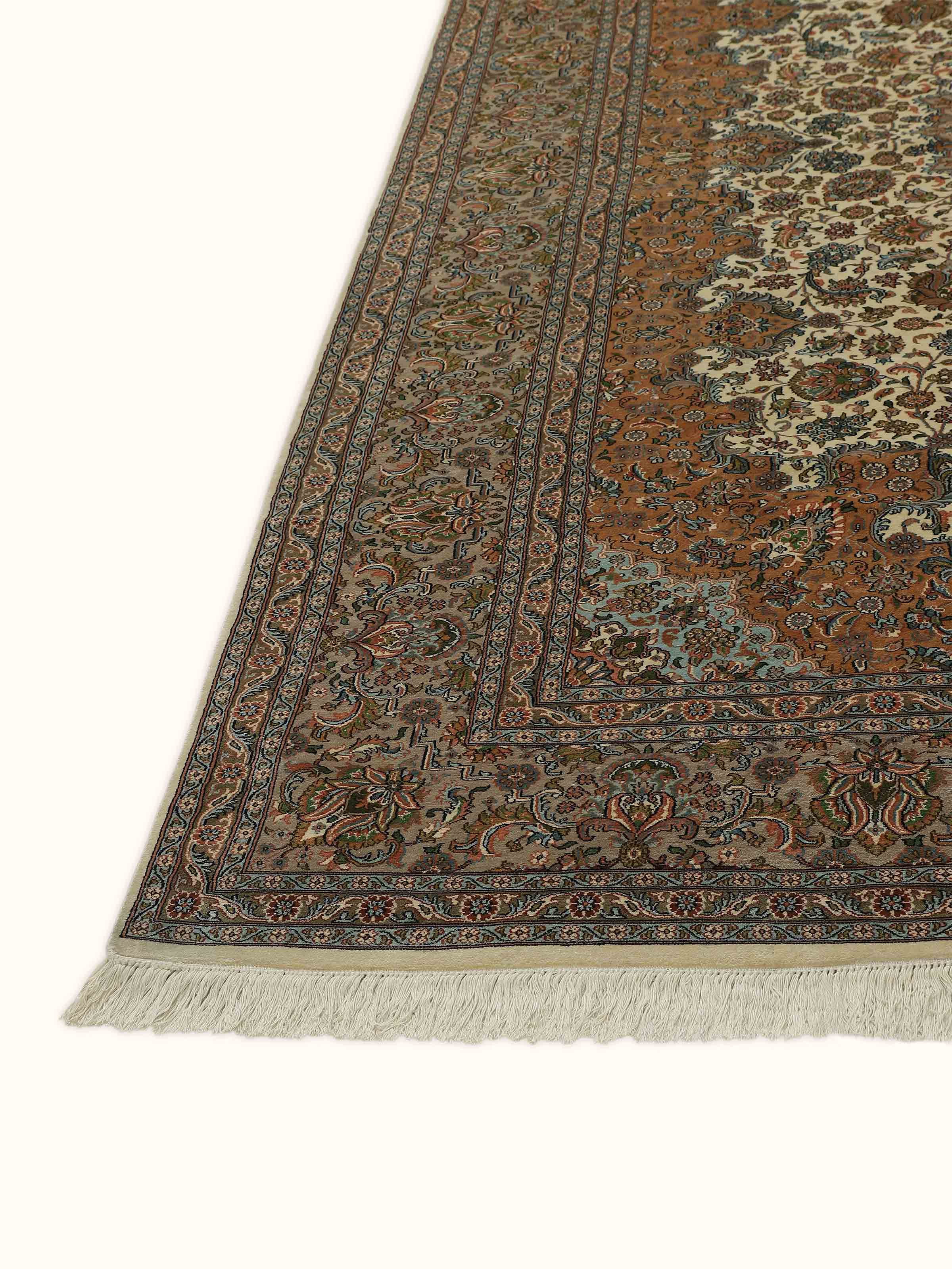 Traditional Persian Ivory Kerman Kashmir Silk Hand-knotted Rug