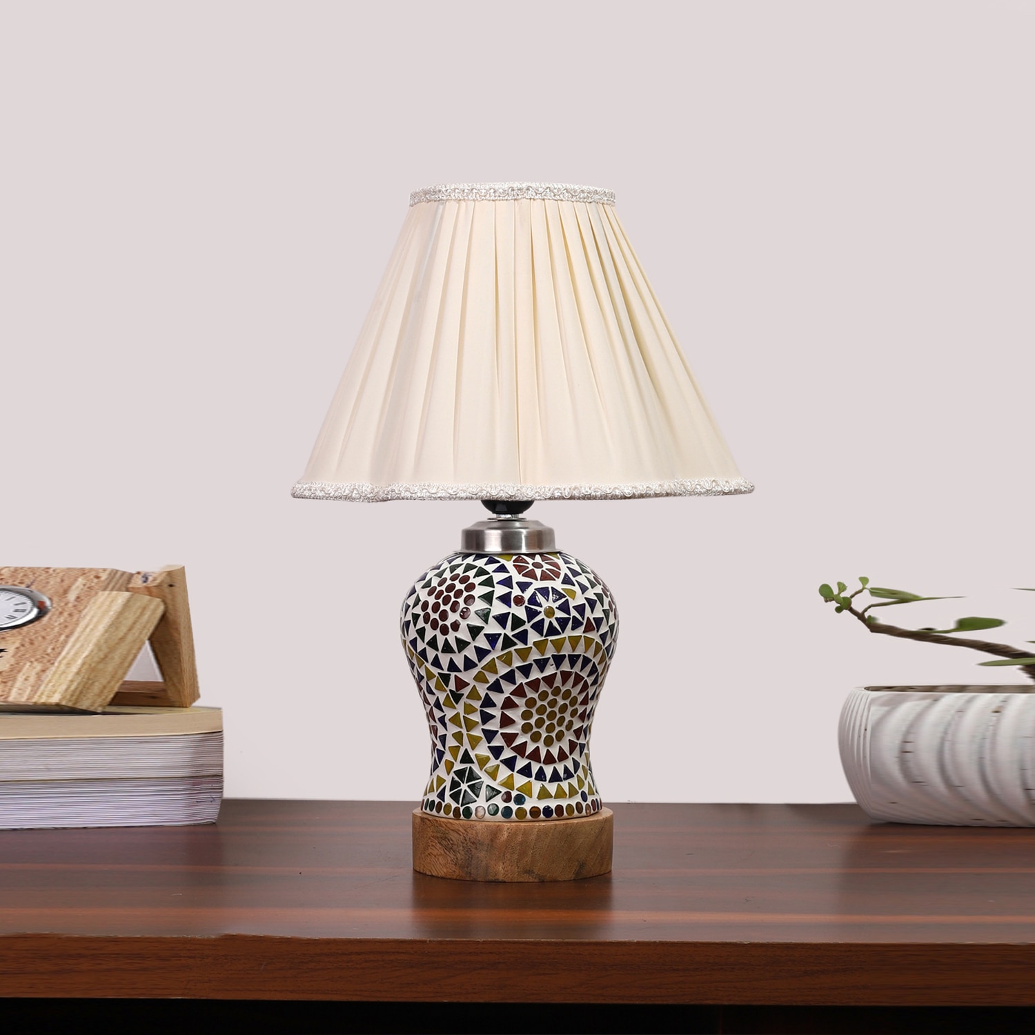 Devansh Off-White Vintage  Cotton Pleated Shade Lamp With Wood & Mosaic Glass Base For Decoration/Office/Home/Gifting/Study For Decoration/Office/Home/Gifting/Study - Devansh