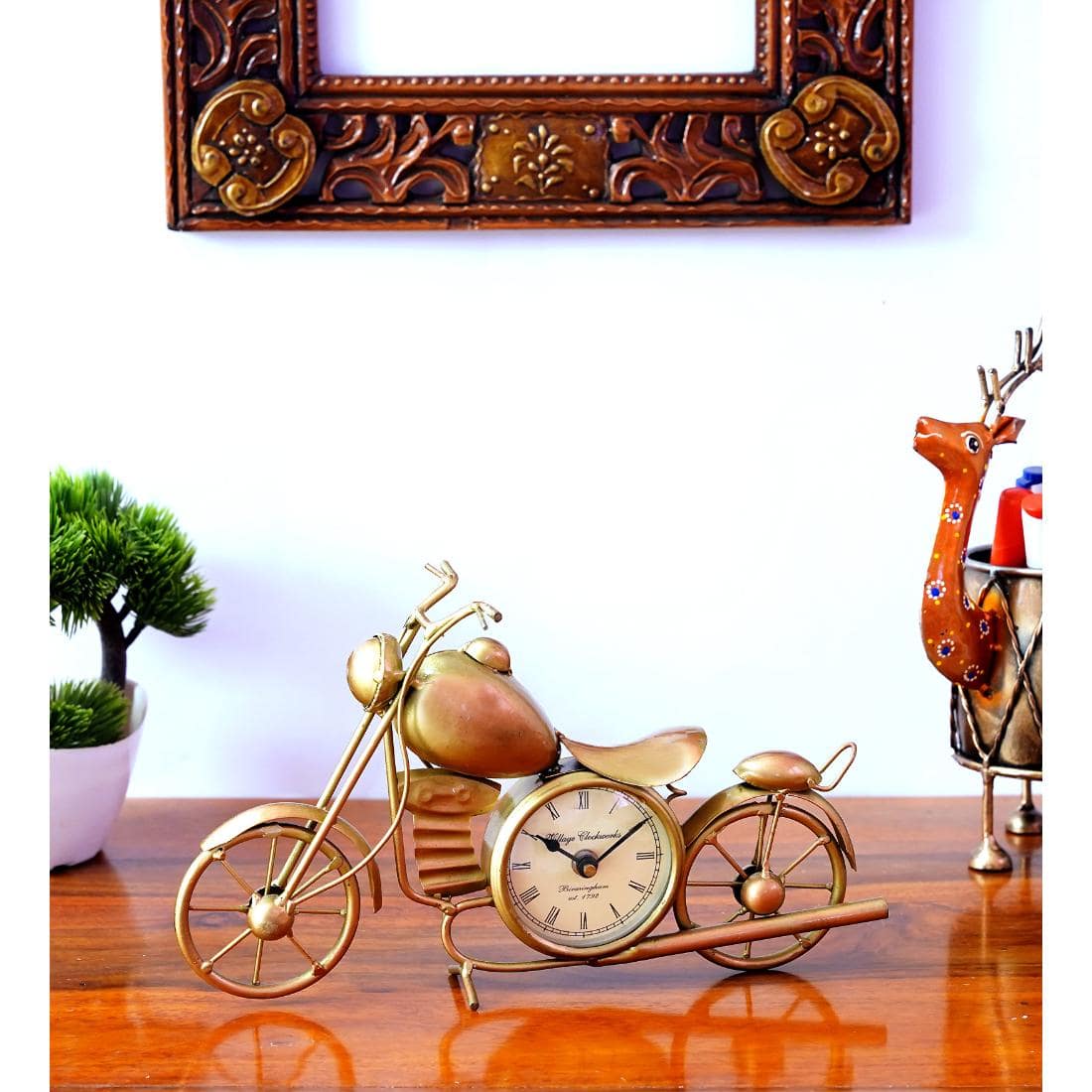 Desert Art Metal Handpainted Golden Bike Table Clock Showpiece - Desert Art