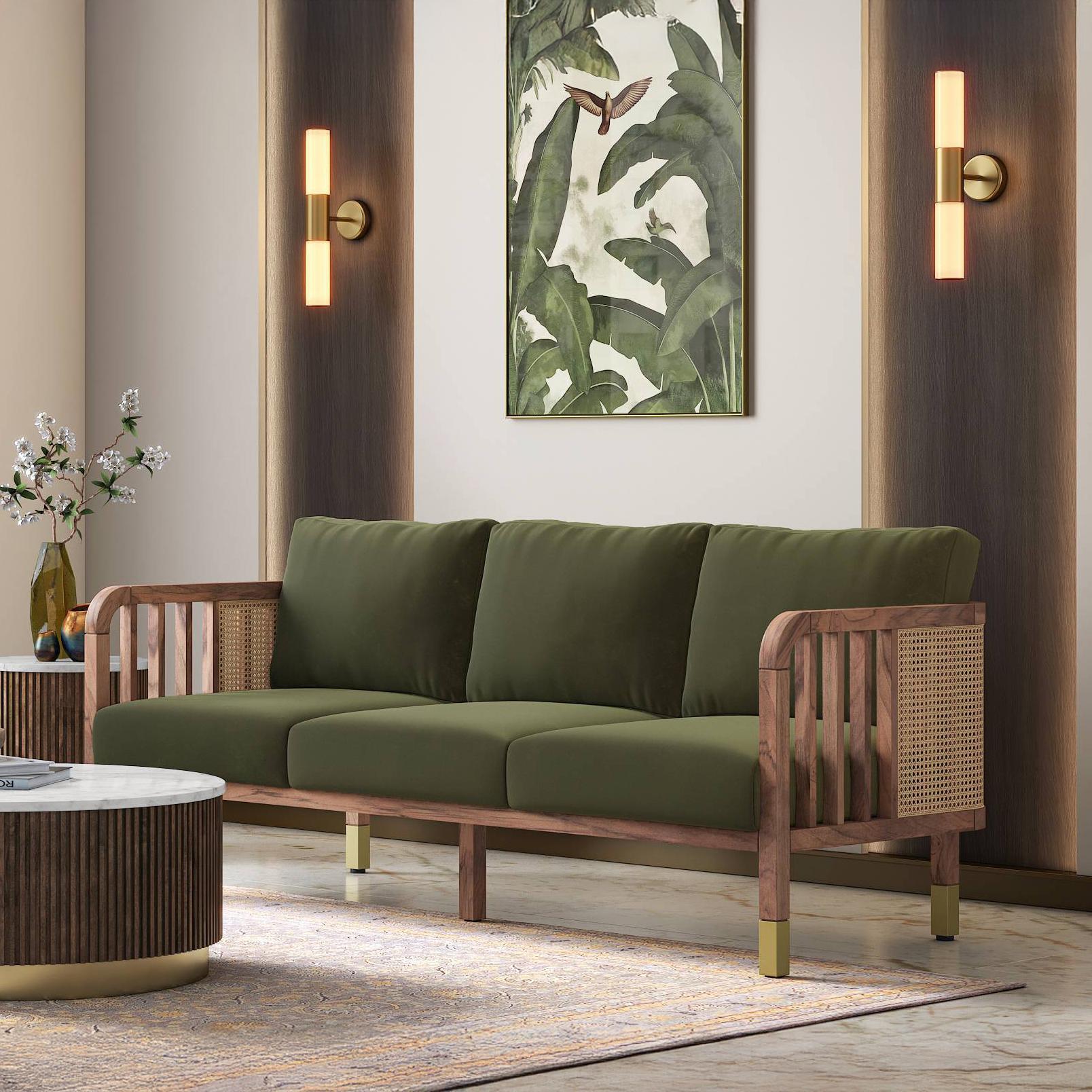 Taran 3 Seater Wooden Sofa in Deep Olive Velvet Colour