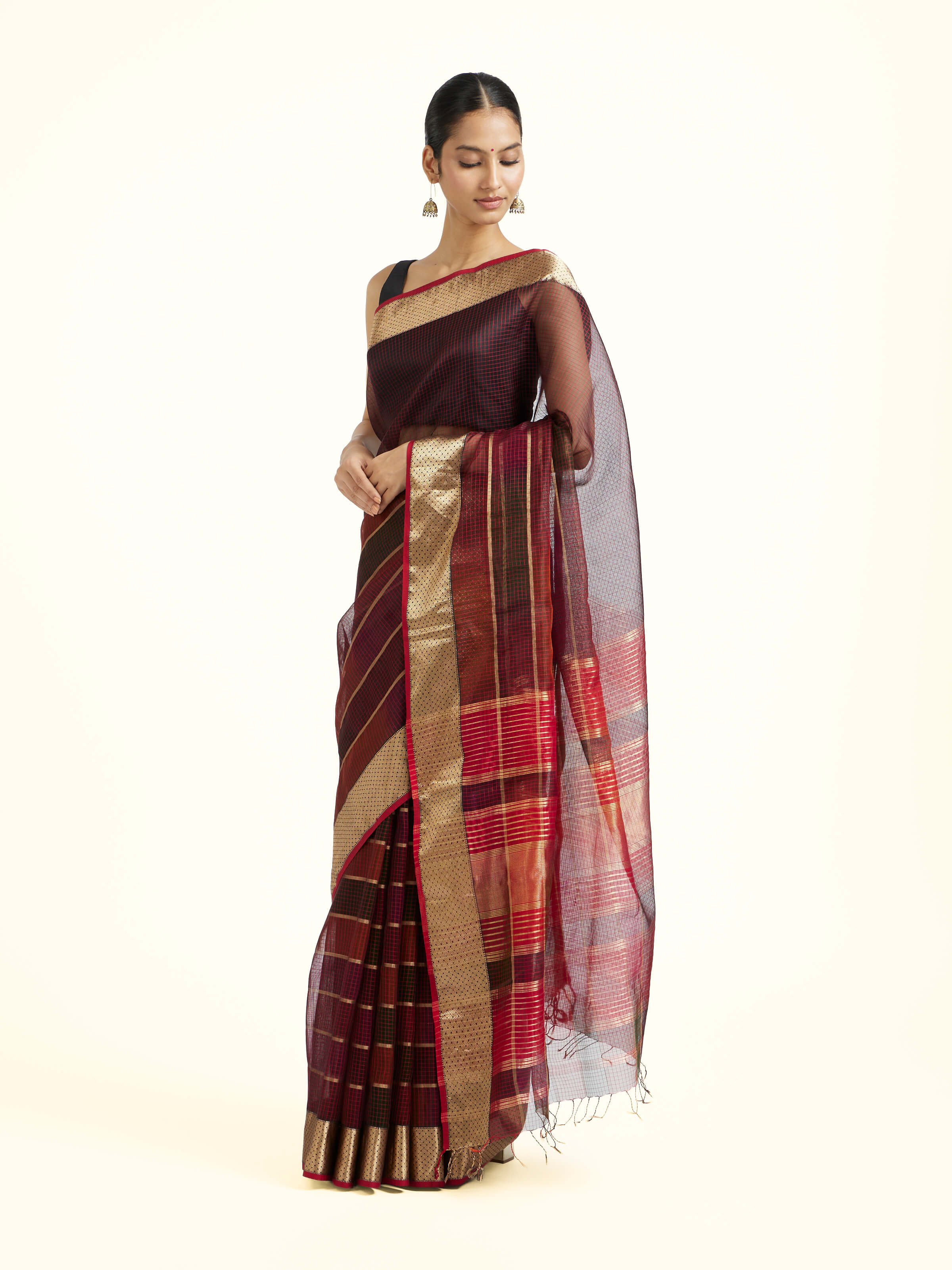 Maroon Cotton Silk Maheshwari Saree