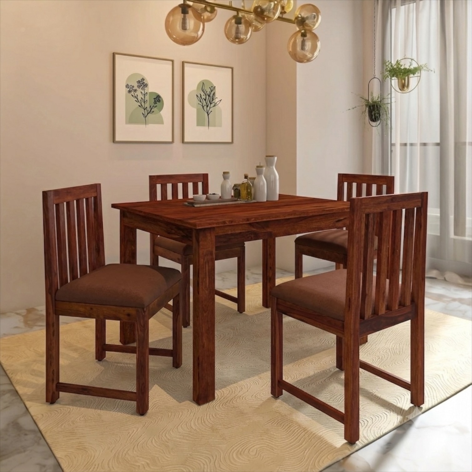Aura 4 Seater Dining Set with Cushioned Chairs in Brown Colour - Interior Valley