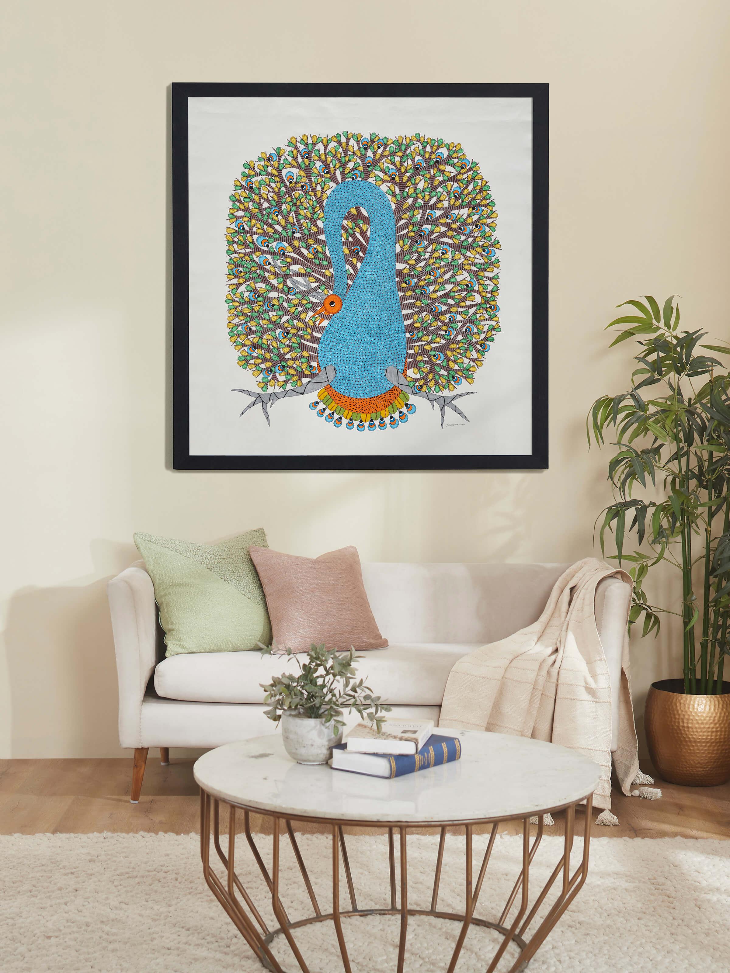 Side view of Gond Chitrakari Painting highlighting the fine lines and vivid color usage in the traditional art form