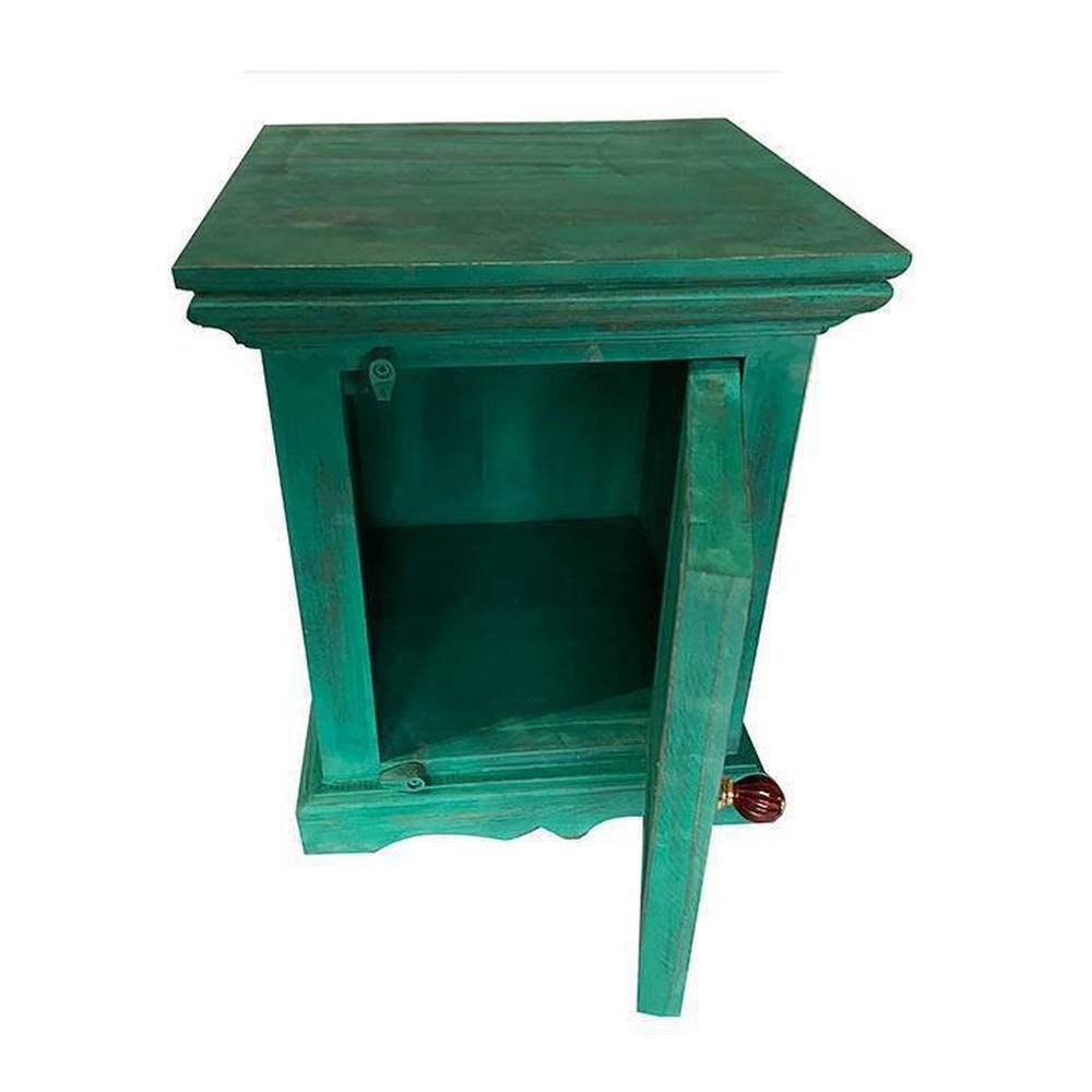 Queens Sheesham Wood Bedside Table in Antique Green Finish