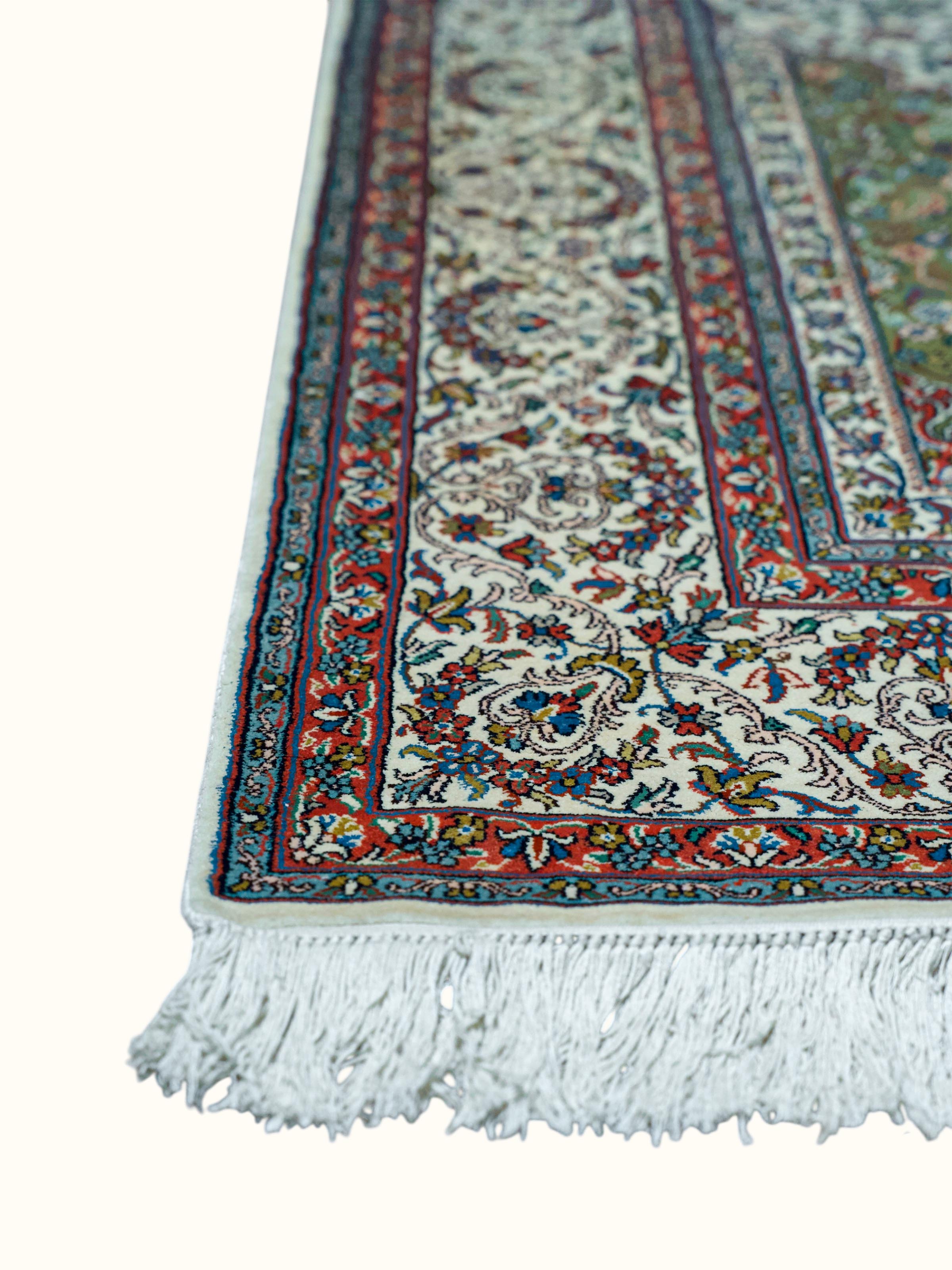 Traditional Persian Ivory Green Kerman Kashmir Silk Hand-Knotted Carpet