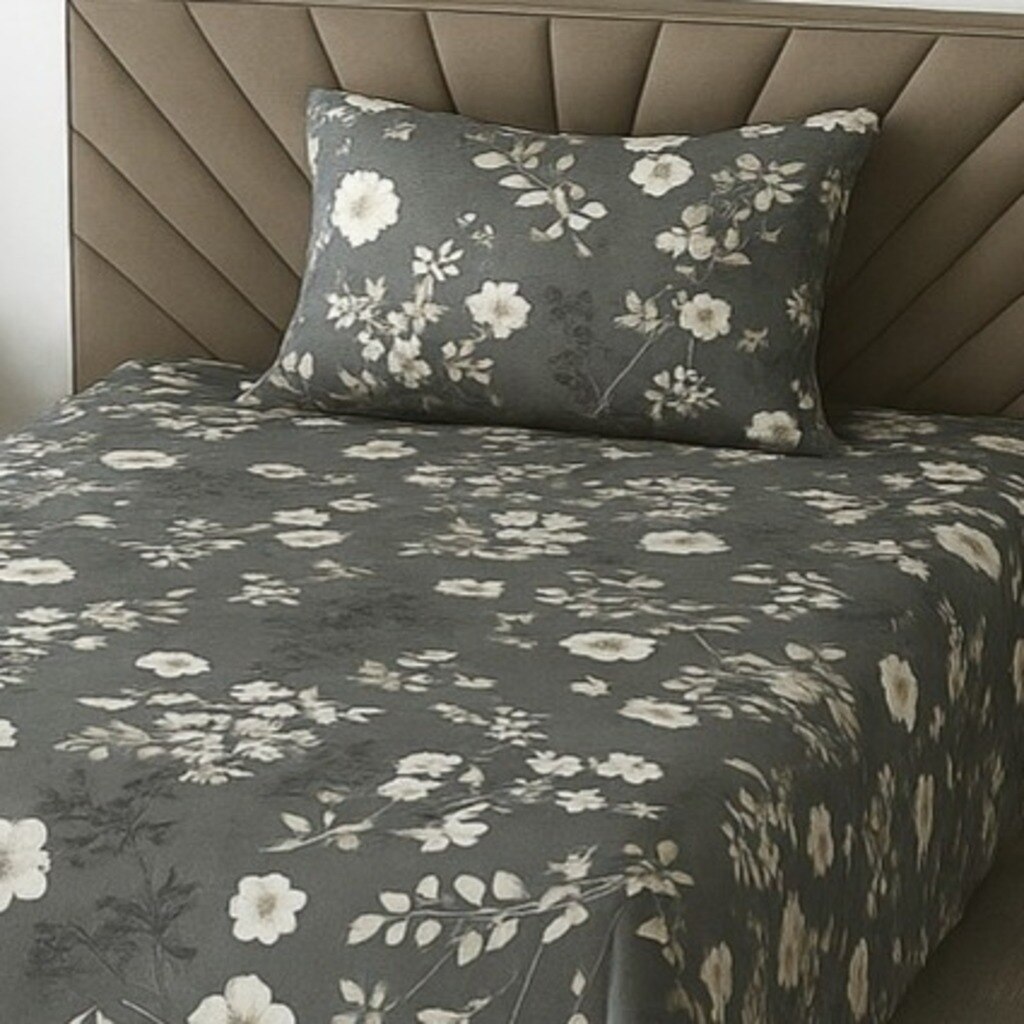 Dark Chocolate Floral 210 TC Mix Cotton Flat Single Bed Size Bedsheet With 1 Pillow Cover From Threads