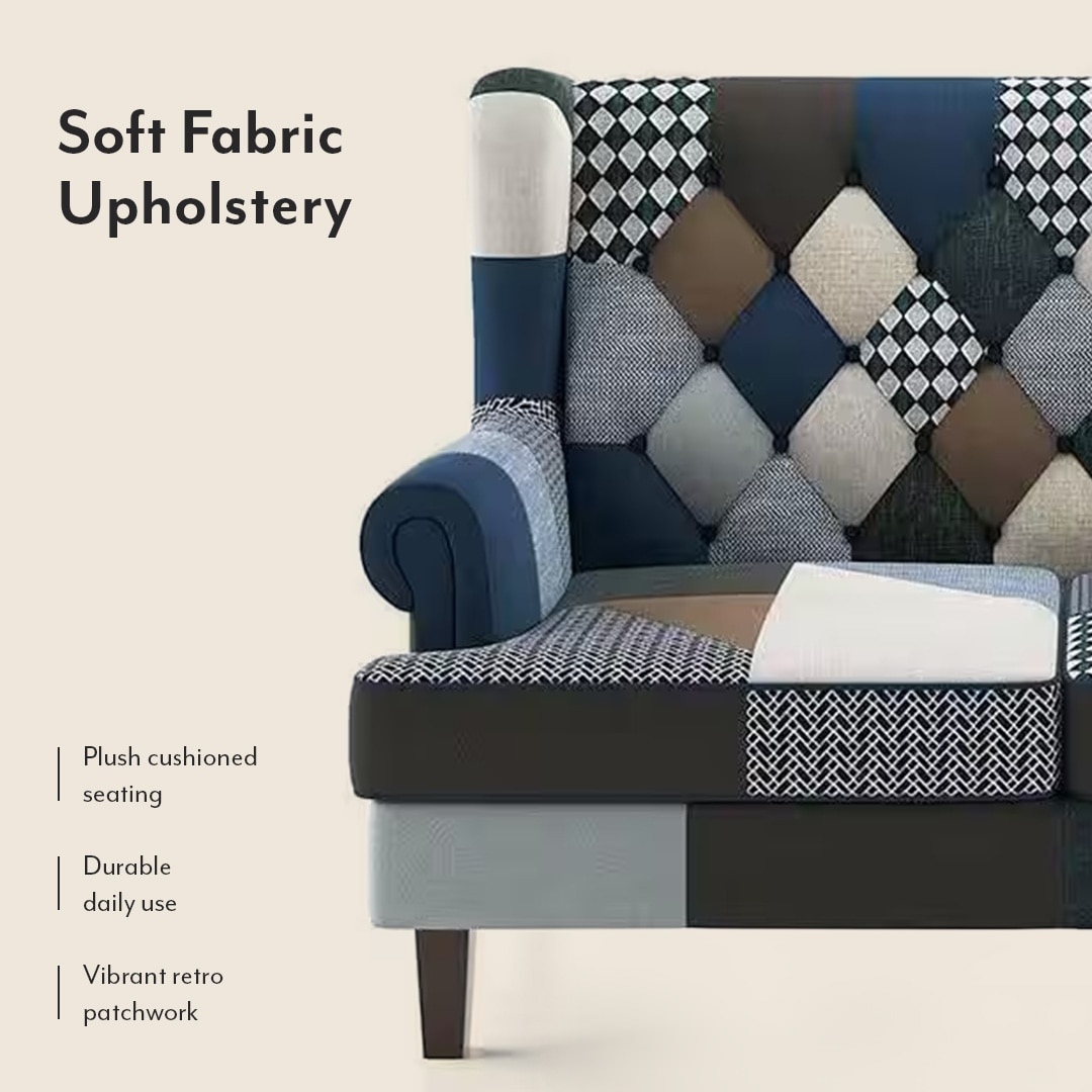 Minnelli 2 Seater Fabric Loveseat In Indigo Patch Work Colour