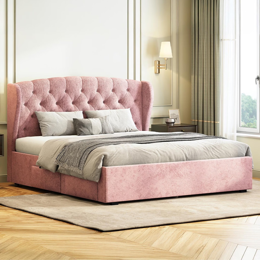 Holmebrook Engineered Wood King Size Drawer Storage Upholstered Bed in Desert Rose Colour