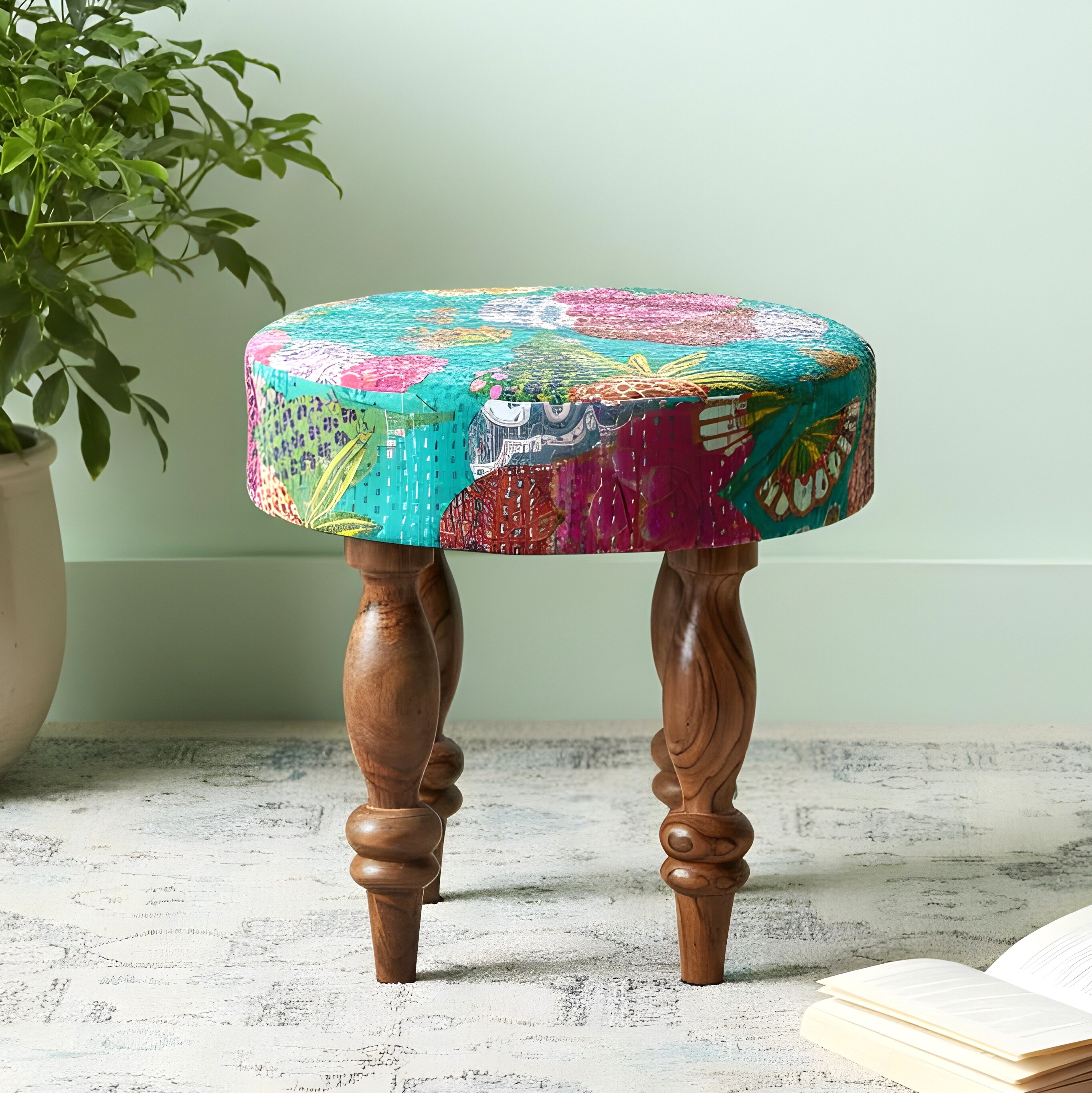 Roswell Sheesham Wood Mid Century Round Stool in Sea Green Fruit Print Kantha Upholstery