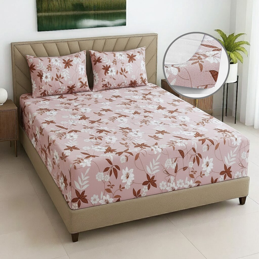 Multicolor Floral 270 Tc Glaze Cotton Fitted Queen Size Bedsheet With 2 Pilllow Covers - Threads