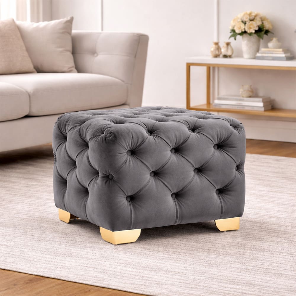 Doe Buck Damira Upholstered Velvet Tufted Ottoman in Grey Colour with Gold Base - Doe Buck
