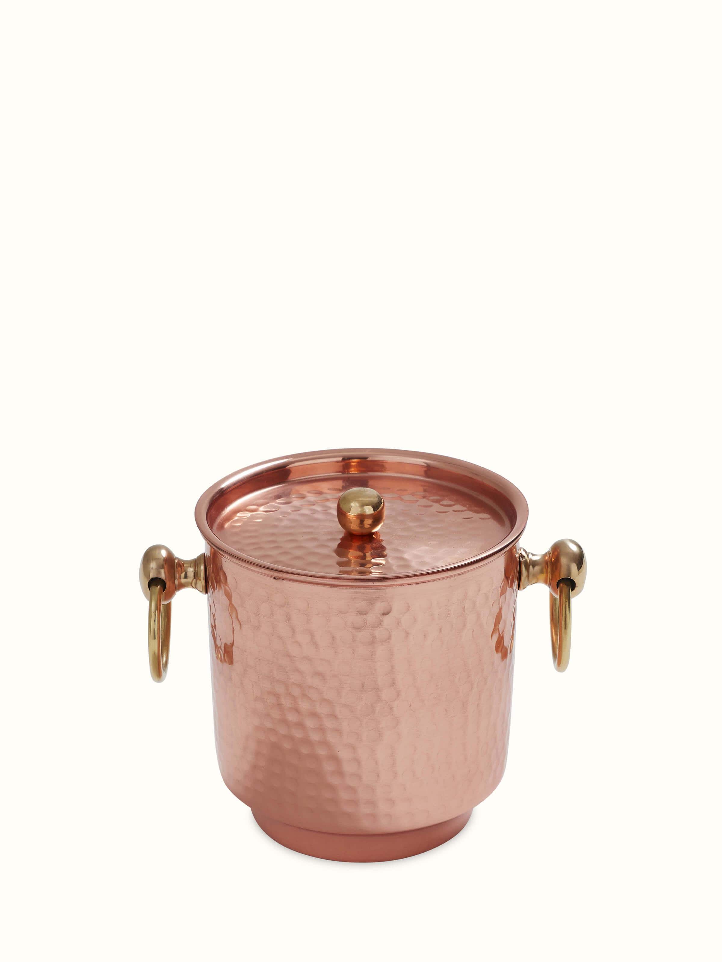 Front view of Copper Ice Bucket by Swadesh showcasing its elegant and sleek copper finish with a shiny reflective surface.