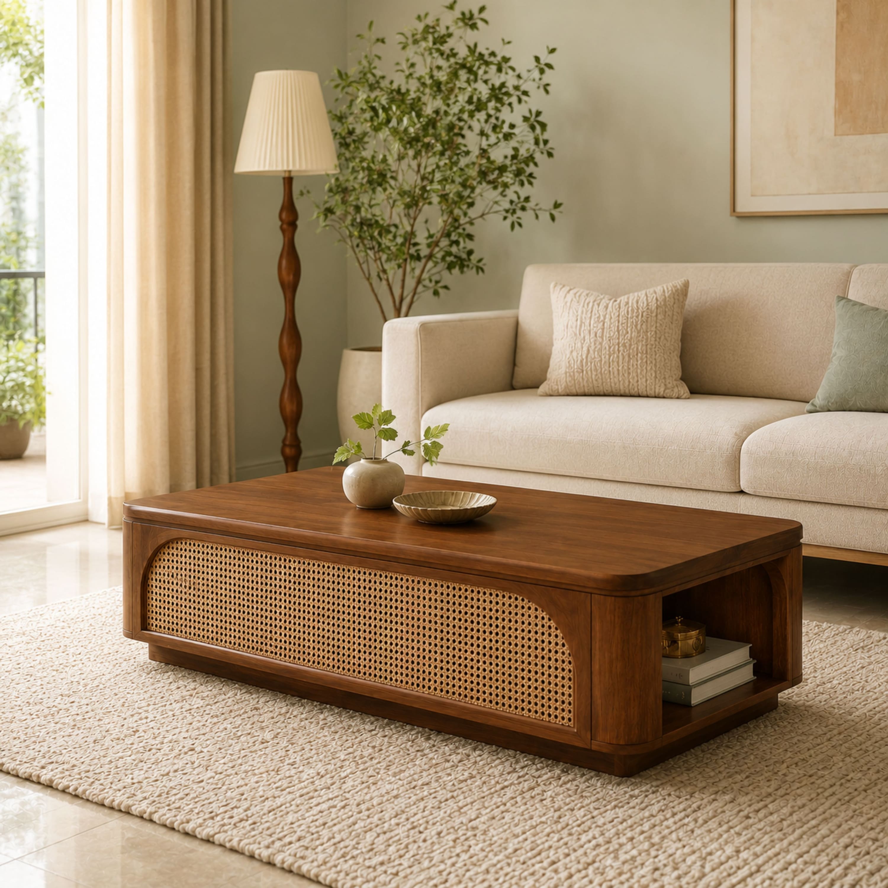 Linden Sheesham Wood Cane Coffee Table in Walnut Finish