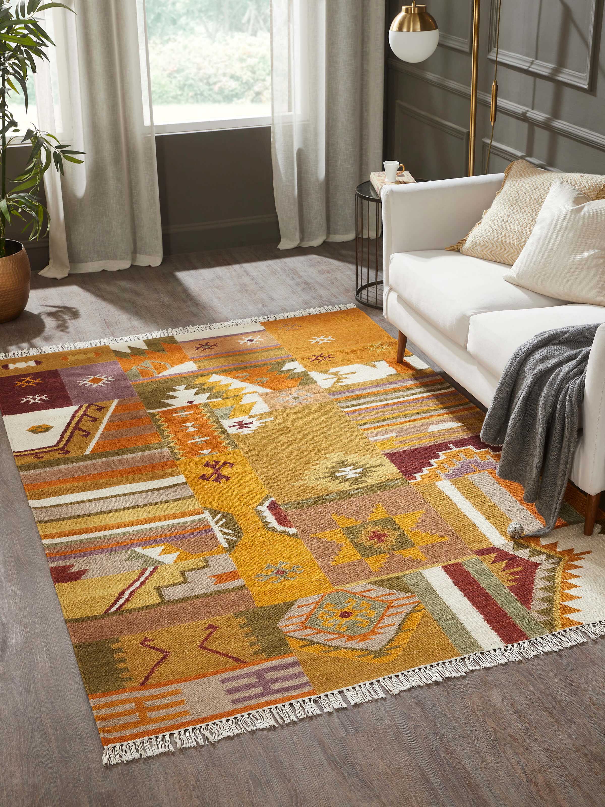 Decor setup highlighting the rustic charm of the handwoven blue Panja dhurrie.