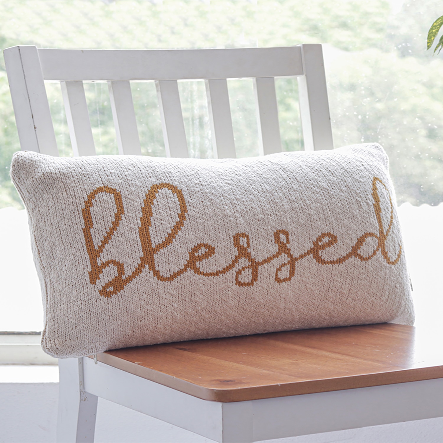 Blessed Knit Pillow Cover  Natural Mustard 16X24  Inches - Pluchi