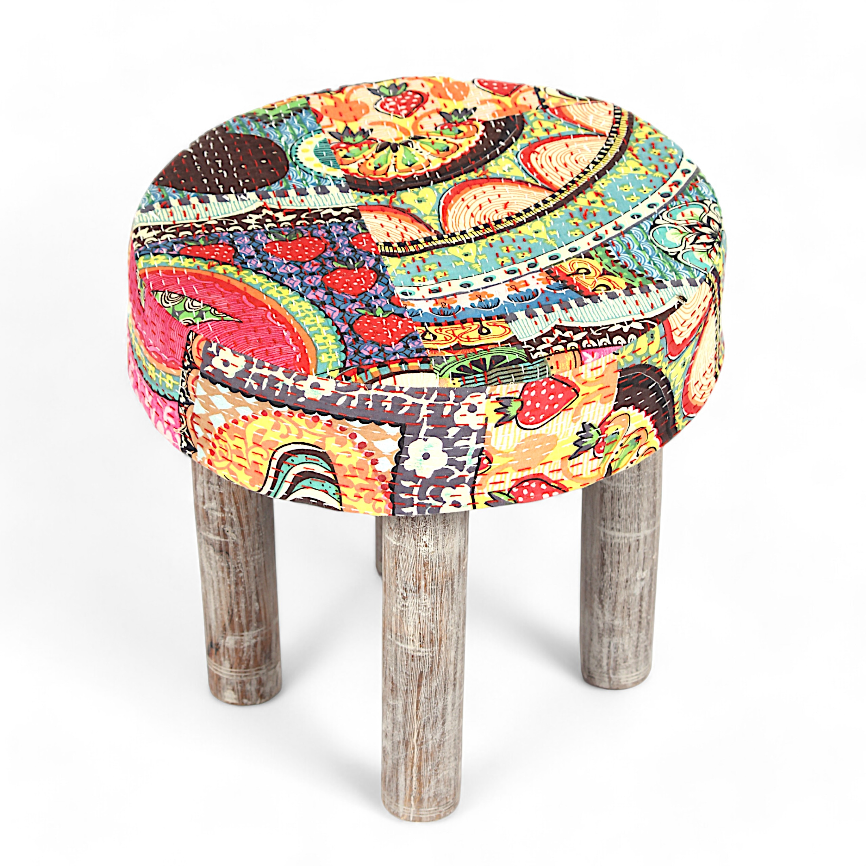 Asteria Solid Wood 2 Seater Bench Set With 2 Stools In Multi Colour Israel Print Kantha Fabric