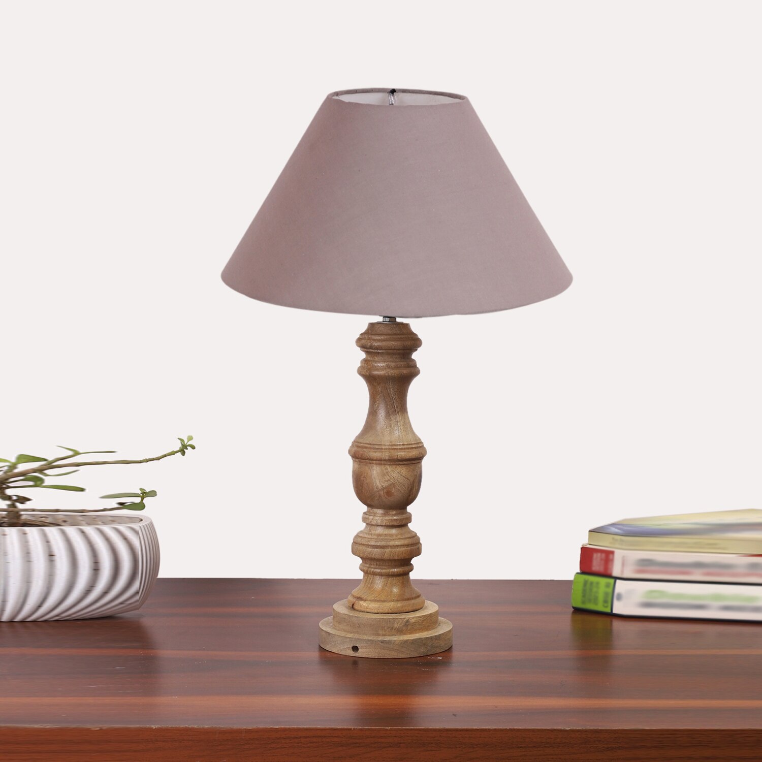 Devansh Grey Cotton Table Lamp With Wood Natural Base (10X18 Inches)-32