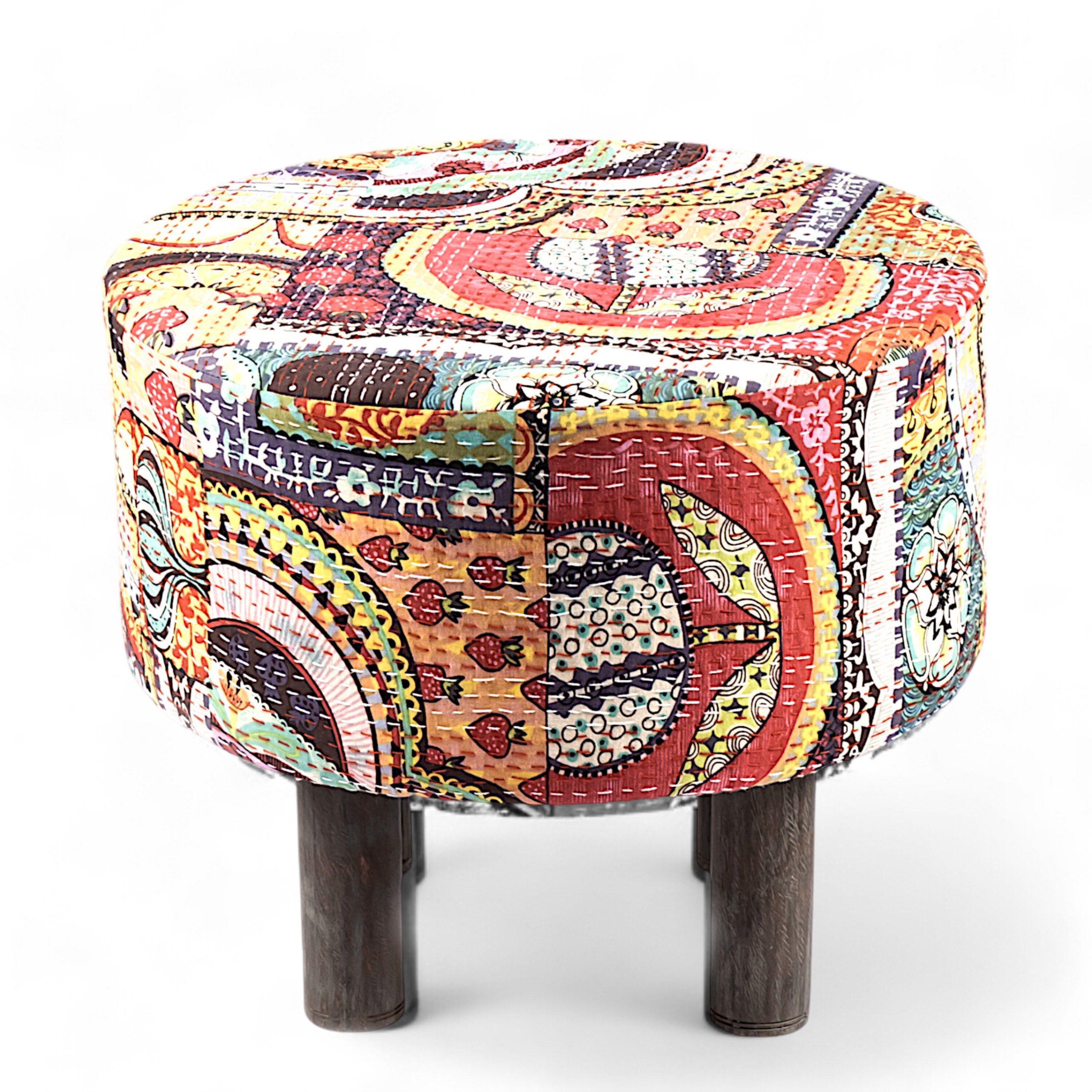 Collio Solid Wood Pouffee in Multicolour Patch Kantha Fabric
