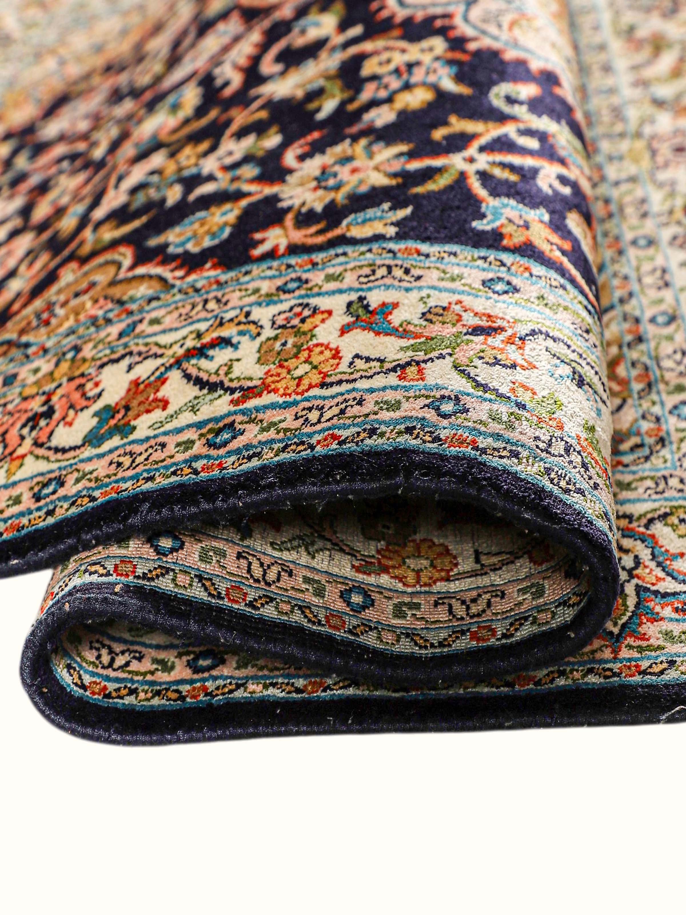 Traditional Persian Navy Rust Kashan Kashmir Silk Hand-Knotted Carpet