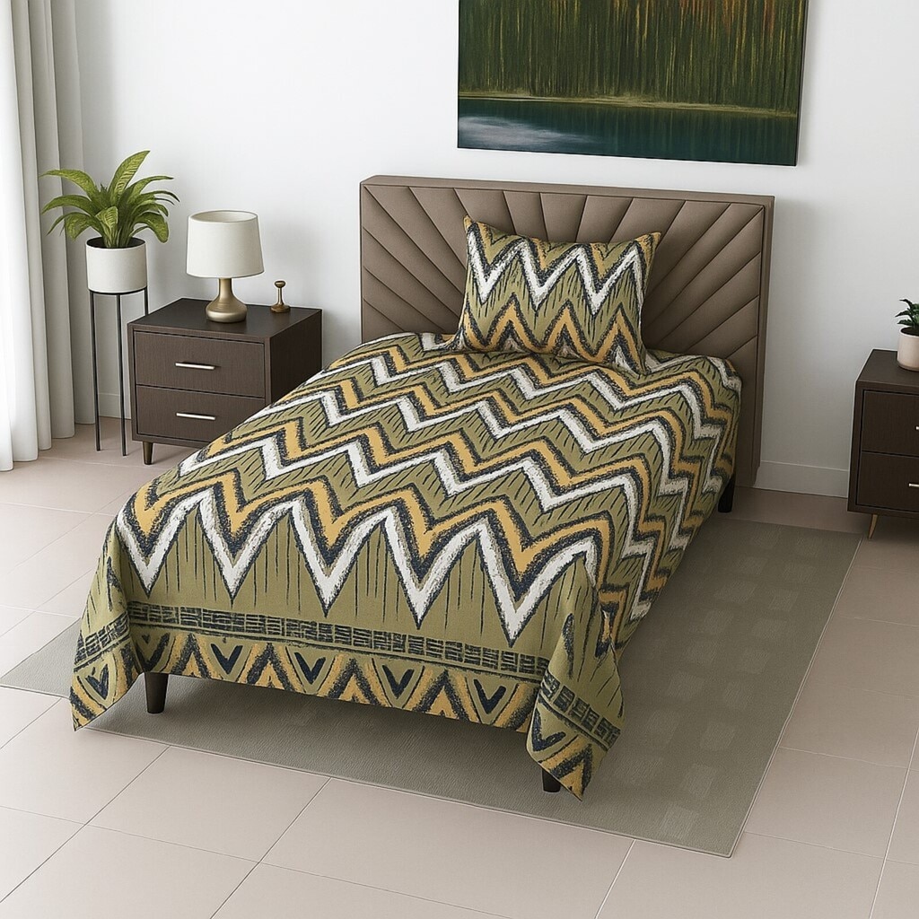 Green Abstract 210 TC Mix Cotton Flat Single Bed Size Bedsheet With 1 Pillow Cover From Threads