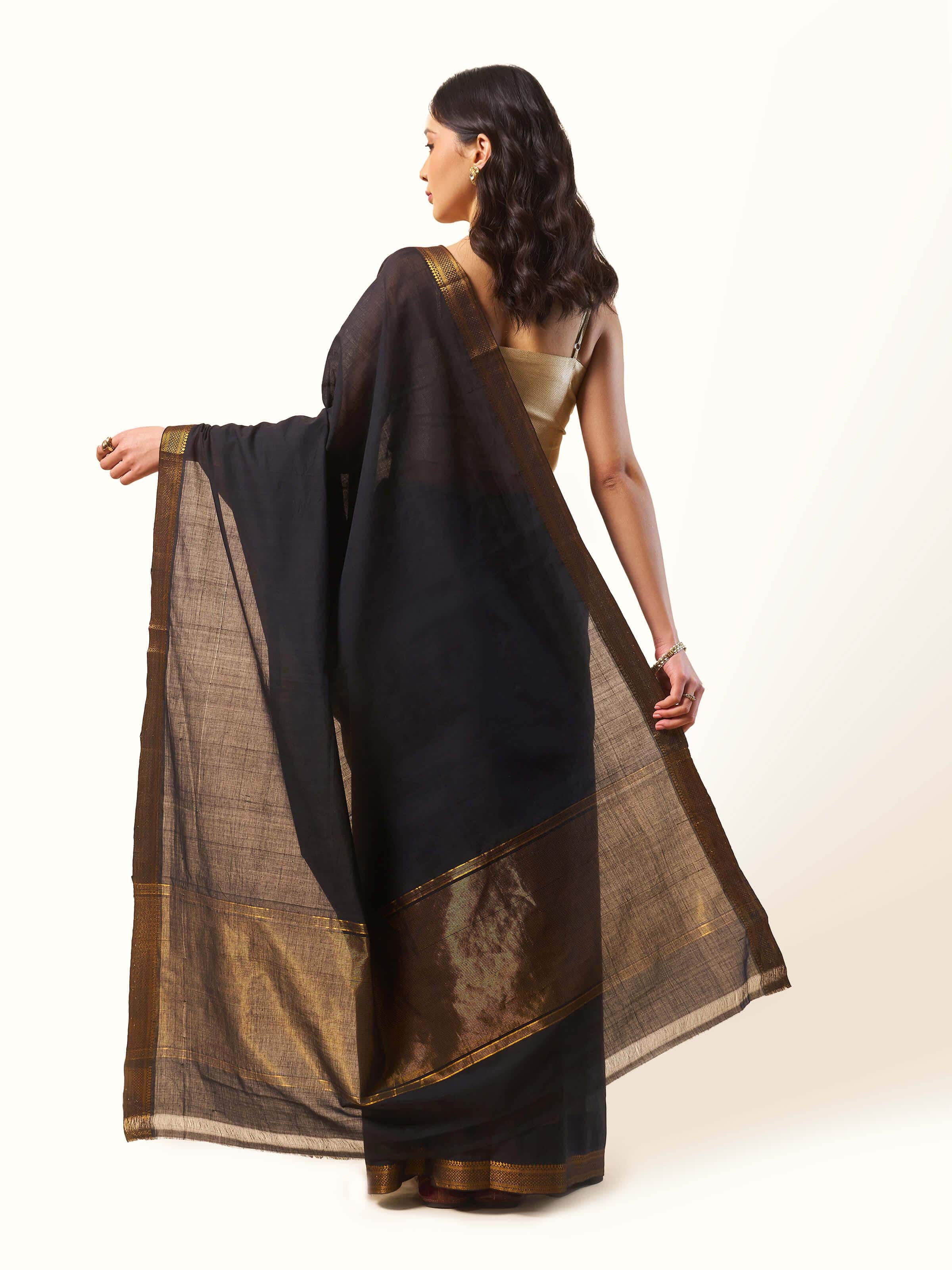 Front view of Black cotton Mangalgiri saree highlighting the fabric texture